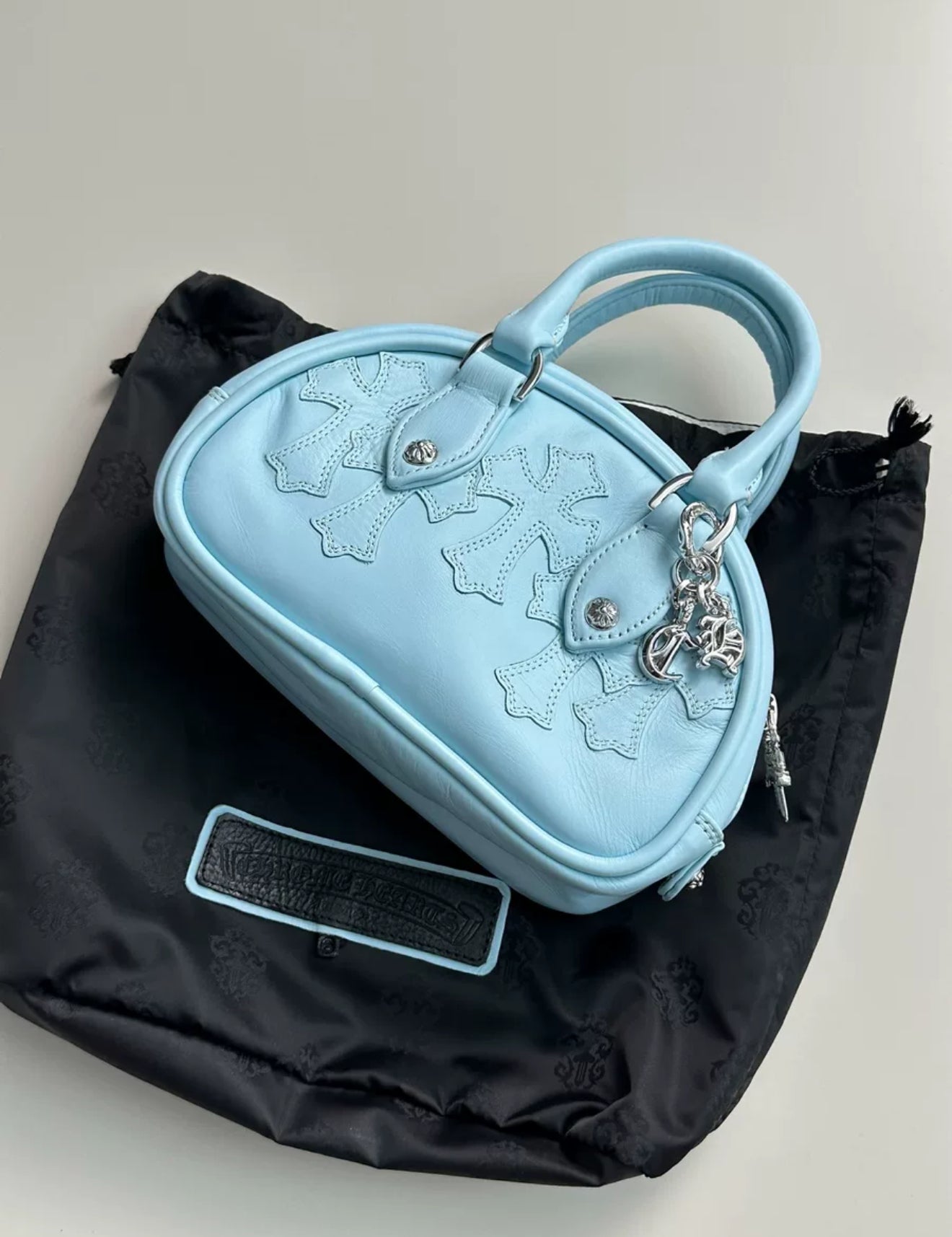 Chrome Hearts Leather Cross Patch Baby Blue Mini Gym Bag
