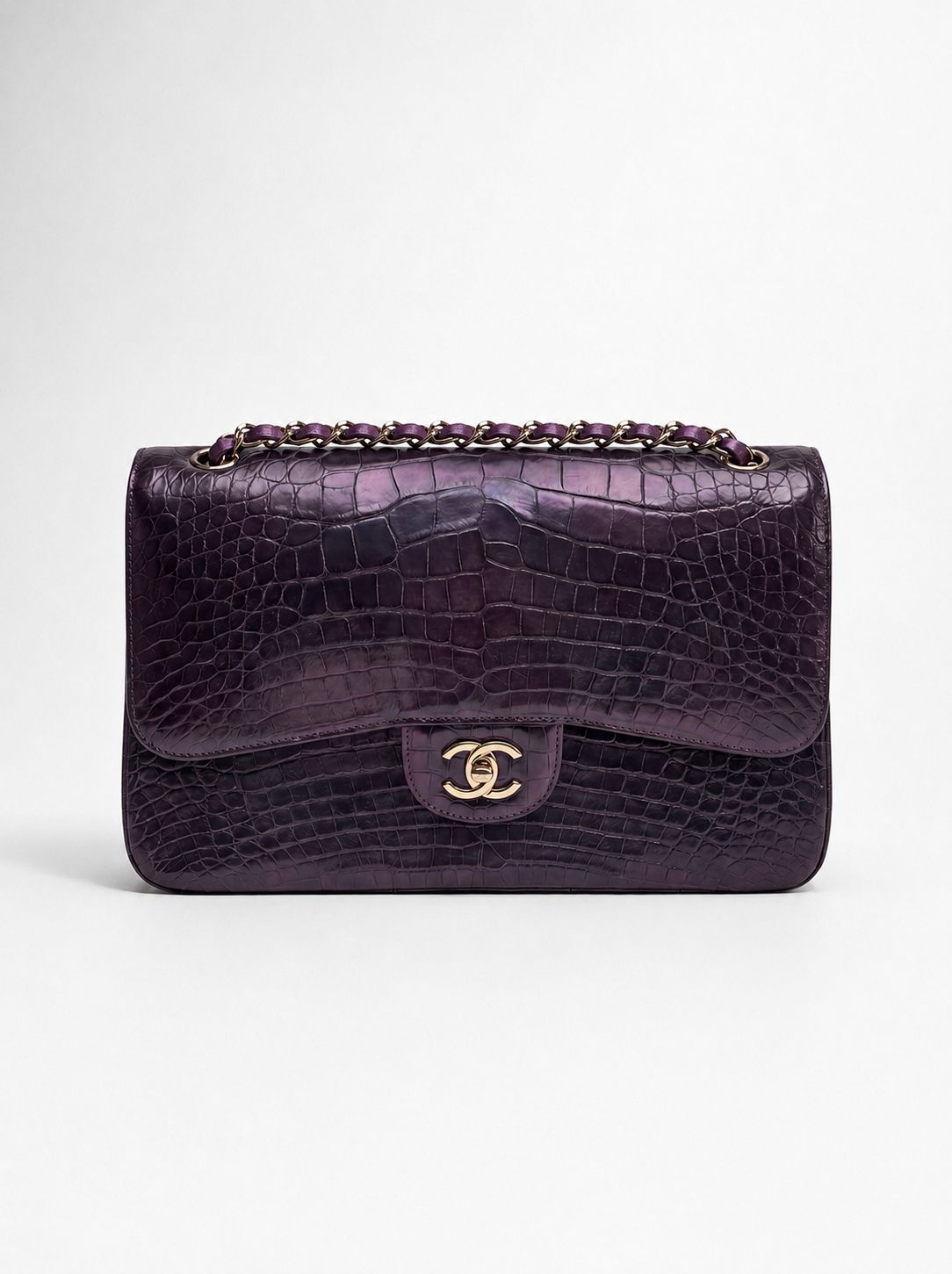 Rare**Chanel 2015 irisdent jumbo purple Crocodile flap bag