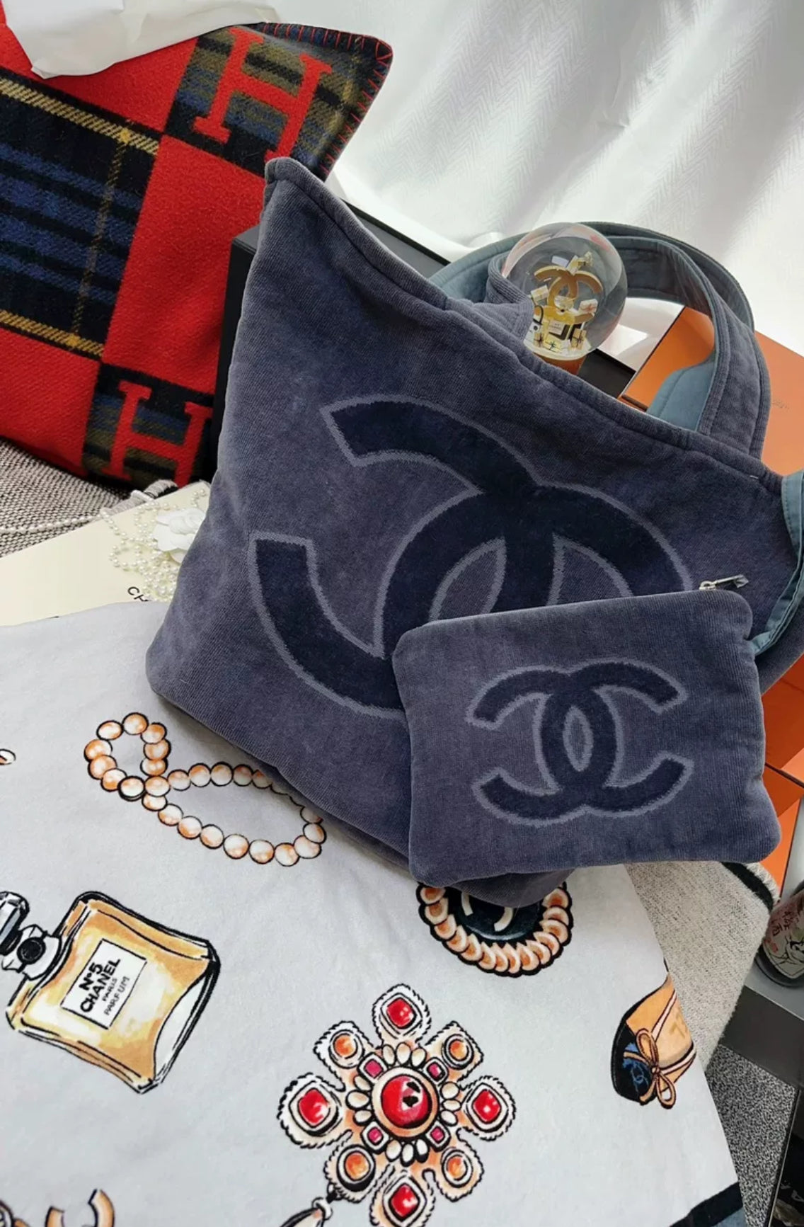 Chanel 20A limited edition gray graffiti beach bag & towel set