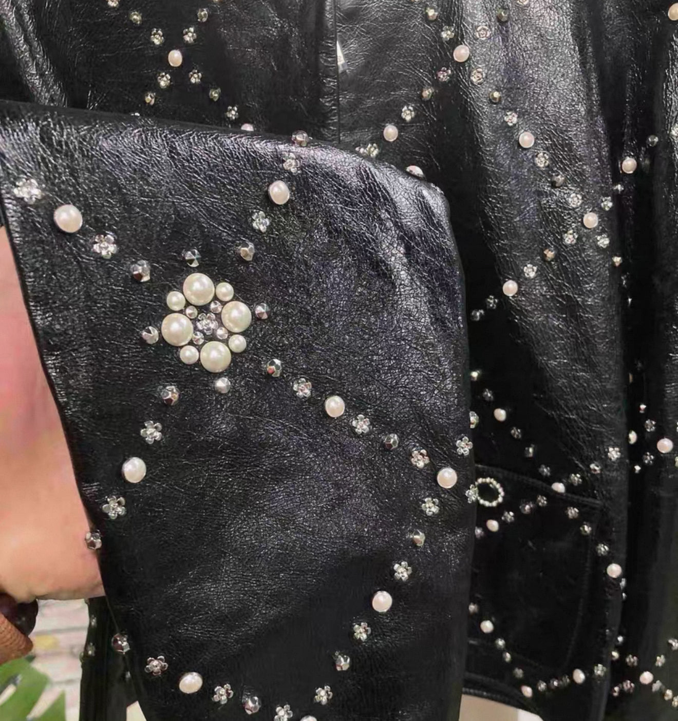 Chanel 21A black leather Jacket with Pearls & Rhinestones