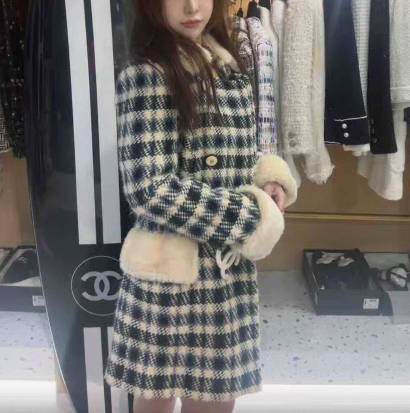 Chanel 2017 white/Blue/Green Check Tweed Coat