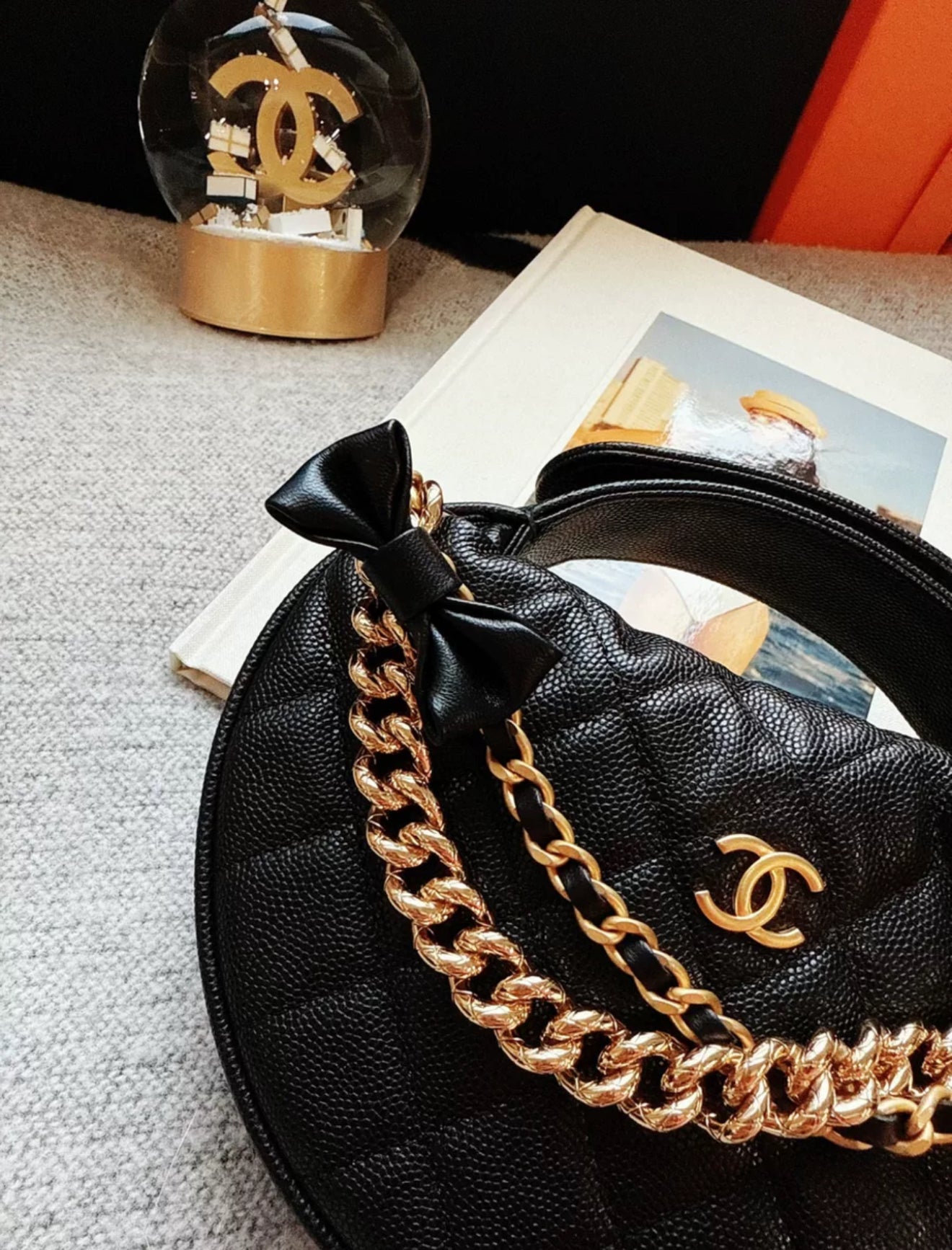 Chanel 24S black gold lychee leather bow chain hula hoop bag