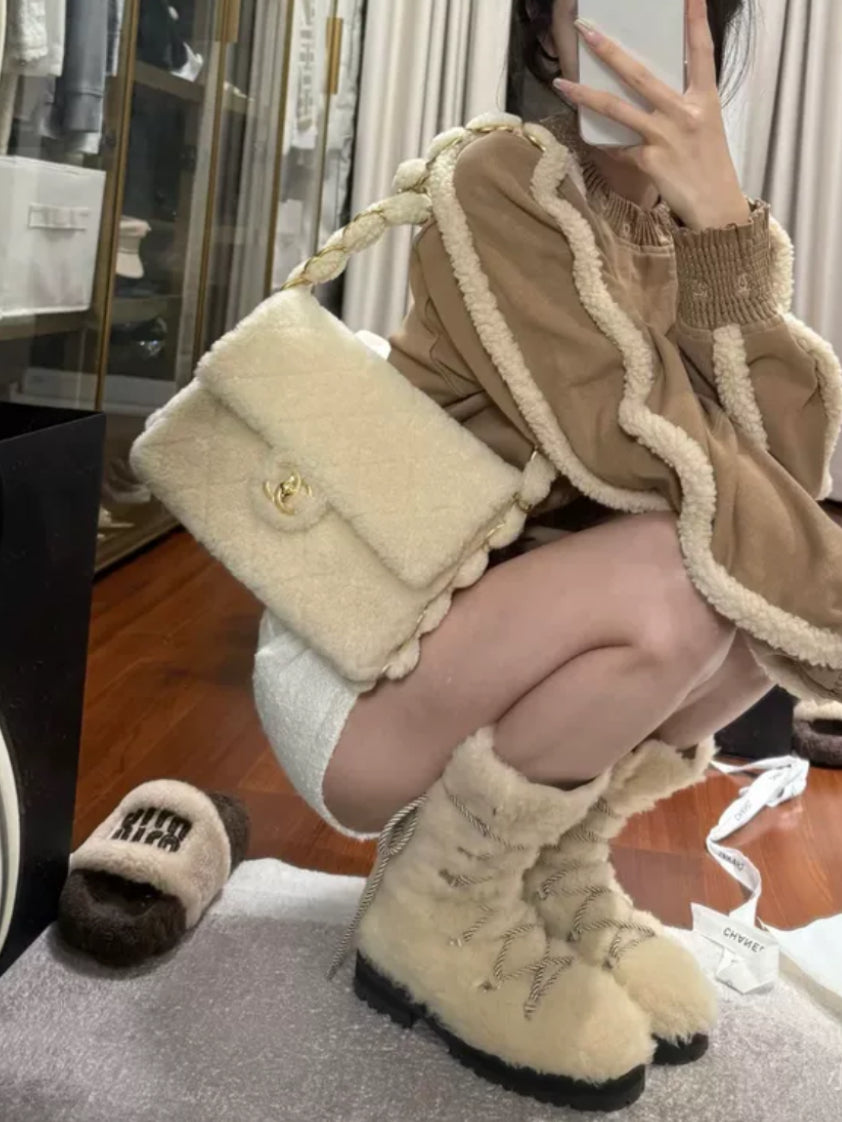 Chanel 24K off-white shearling chain flap bag with gold hardware