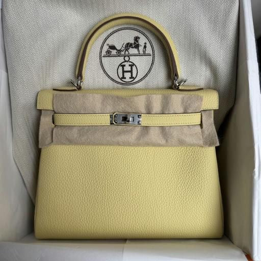 Hermes Kelly 25 Jaune Poussin togo Palladium hardware