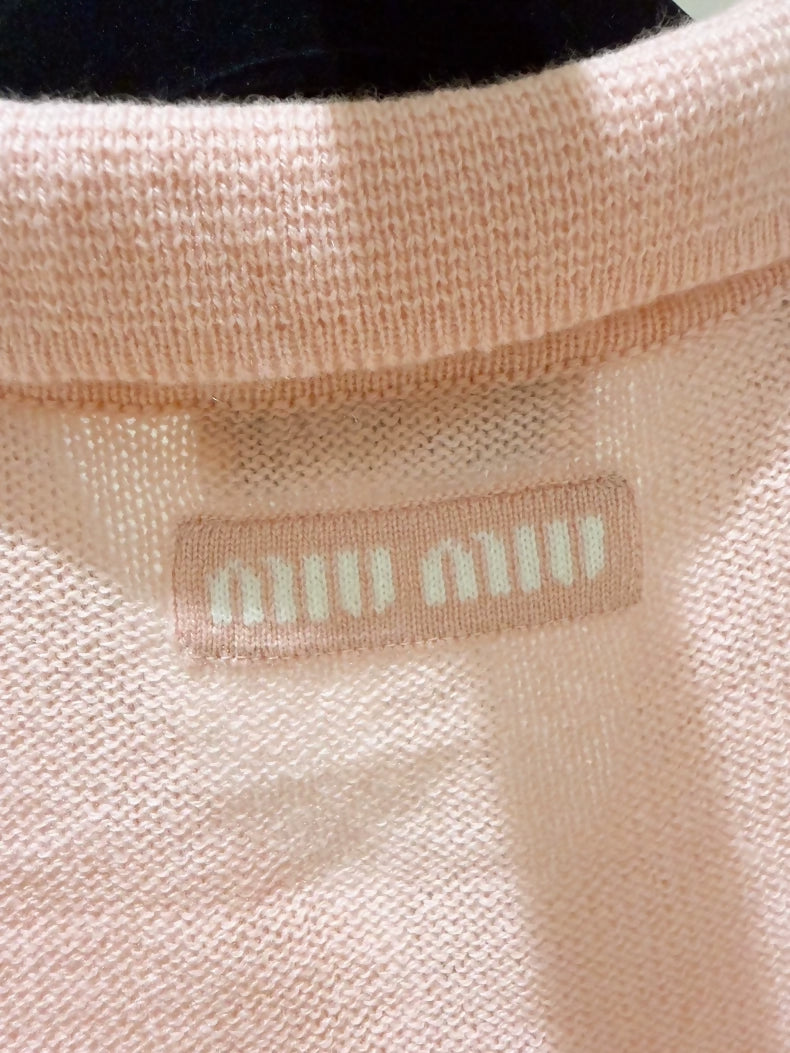 Miu Miu light pink polo collar openwork cashmere sweater