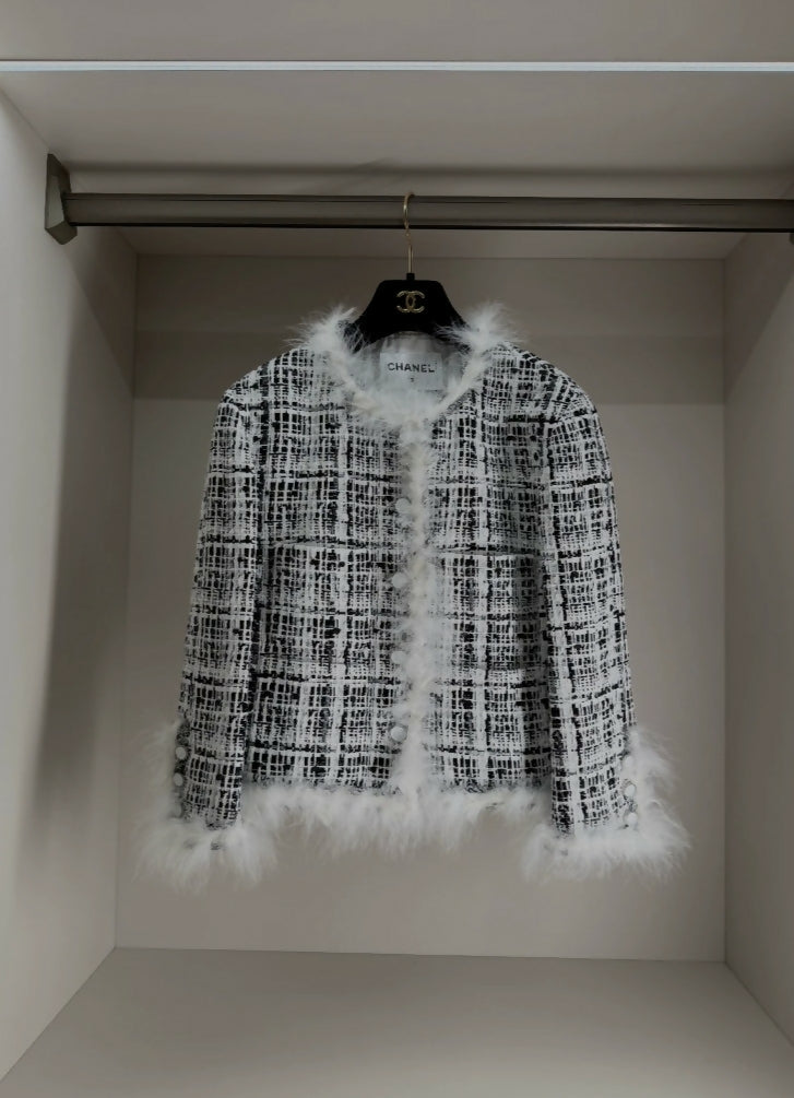 Chanel 25s Black and White Feather Jacket