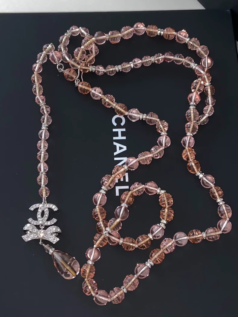 Chanel 23S Pink Crystal Diamond Bow Necklace/Waist Chain
