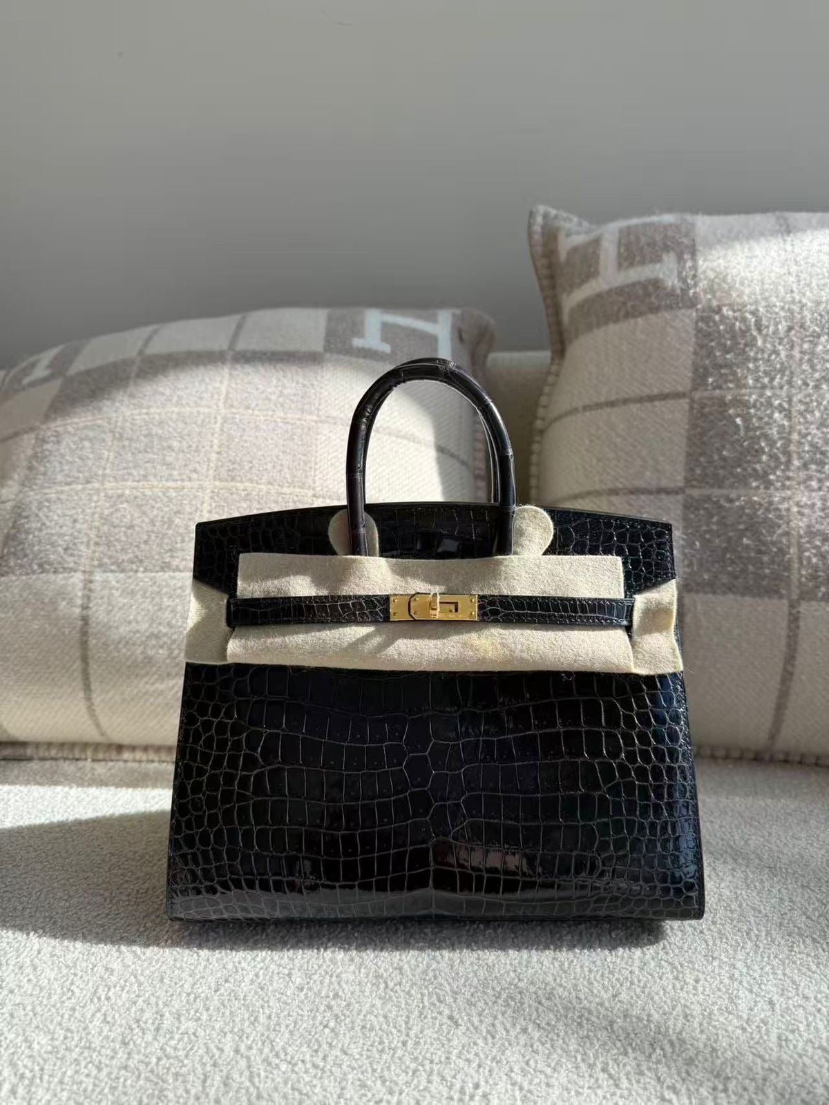 Hermes Birkin 25 Sellier Graphite Shiny Porosus Gold hardware