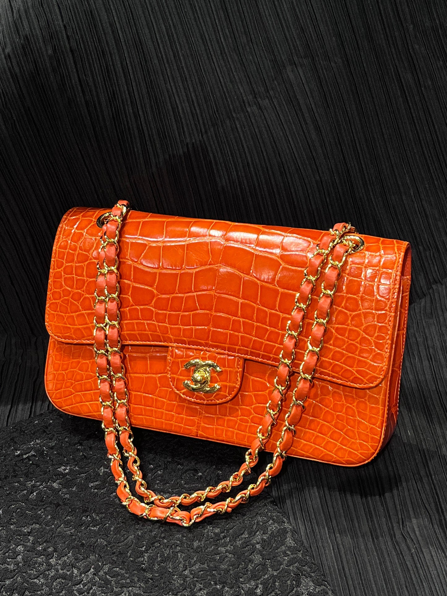 Chanel orange crocodile leather medium flap gold hardware