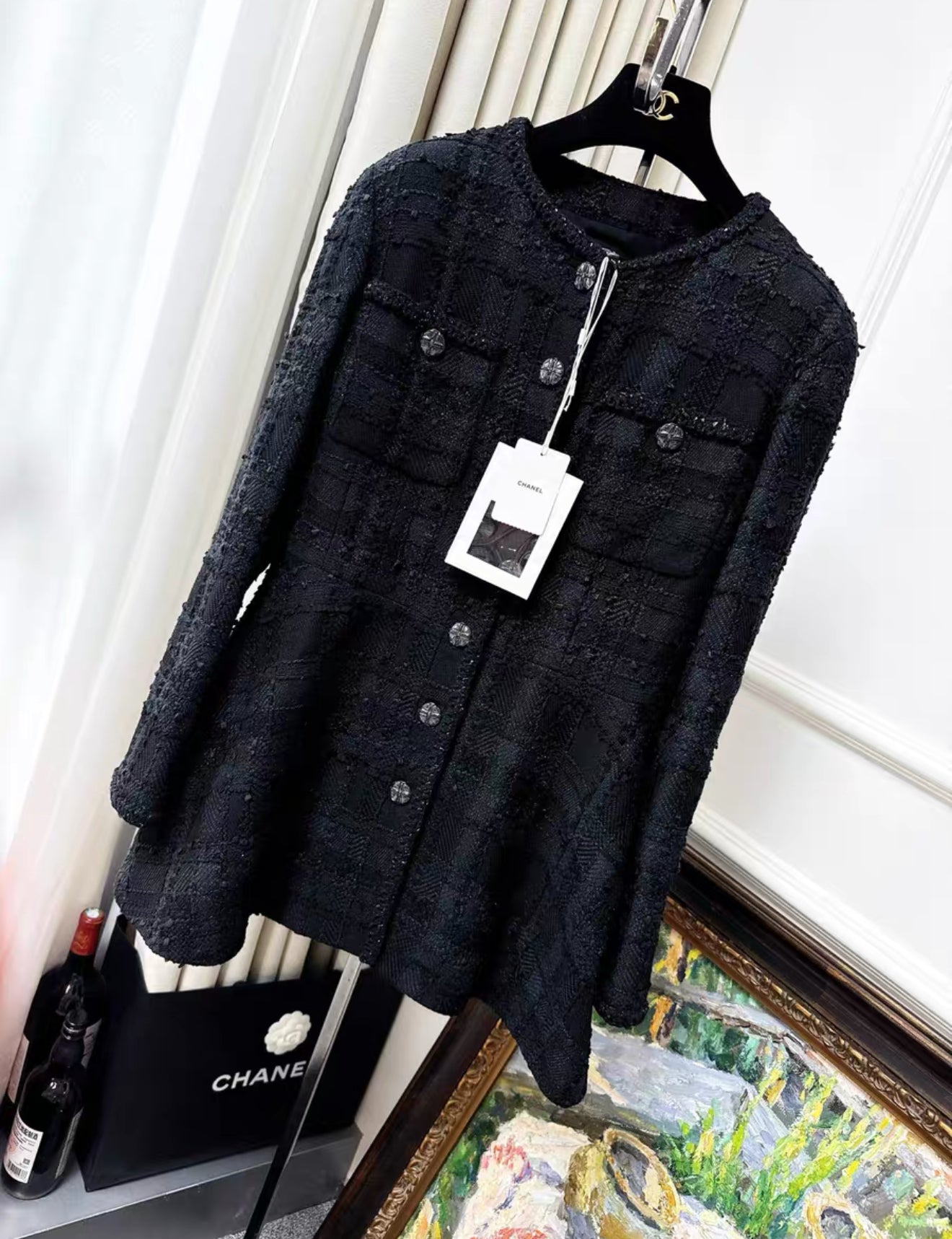 chanel black tweed dress Chanel Black Button Front Tweed Dress