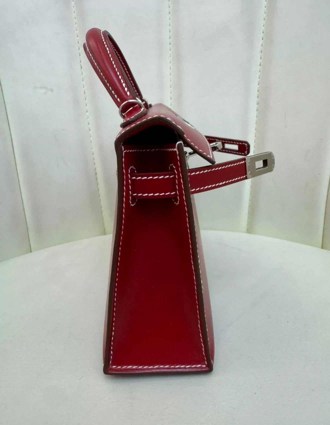 Rare Hermès Mini Kelly Ferrari red box leather with white stitching palladium hardware