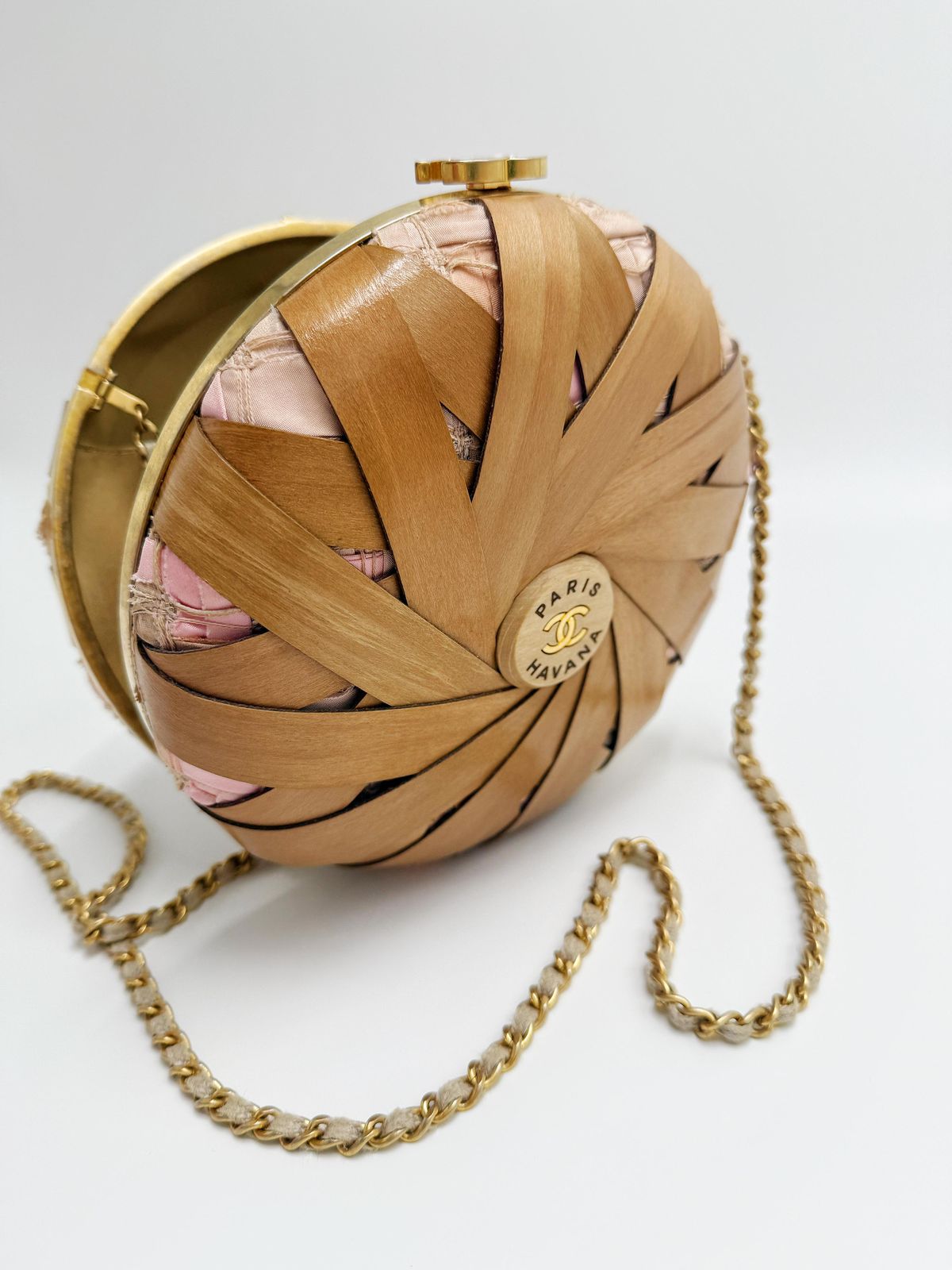 Rare Chanel “Havana By Night” Round Woven Wood and Tweed Minaudière