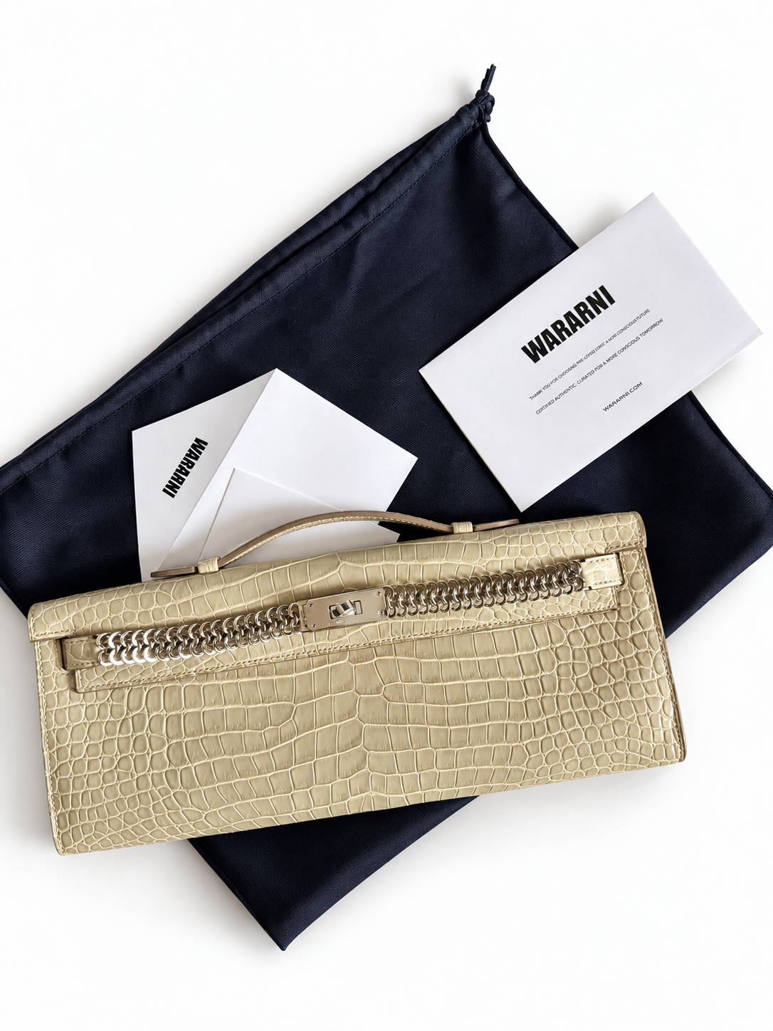 Hermes Kelly cut Unchained Beton Matte Porosus White Gold hardware