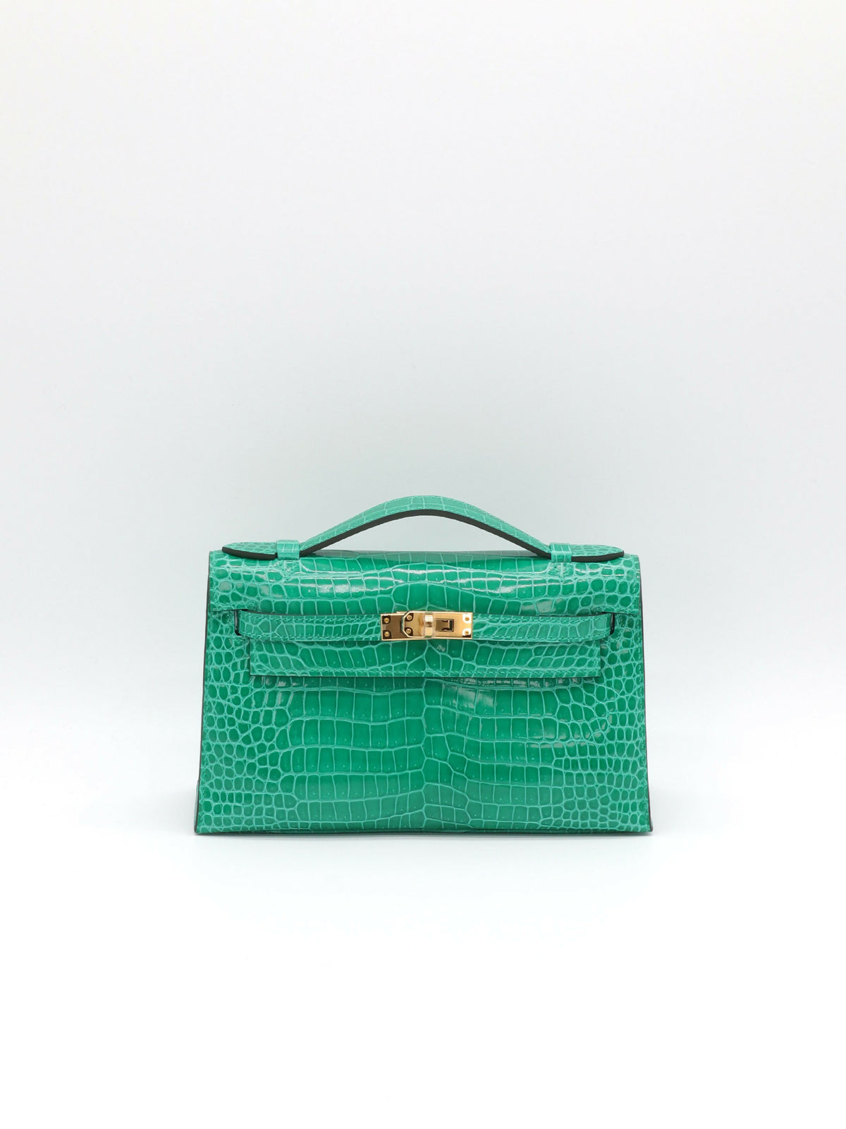 Hermès Kelly Pochette Vert Jade Shiny Porosus Crocodile Gold Hardware