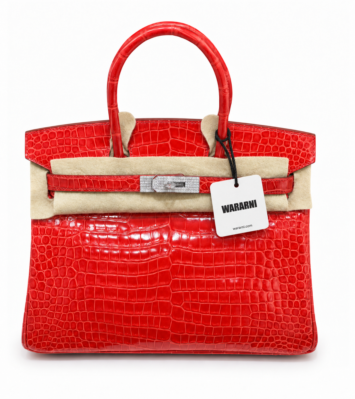 Hermes Birkin 30 Red Bougainvillea shiny crocodile leather 18k white gold diamond hardware