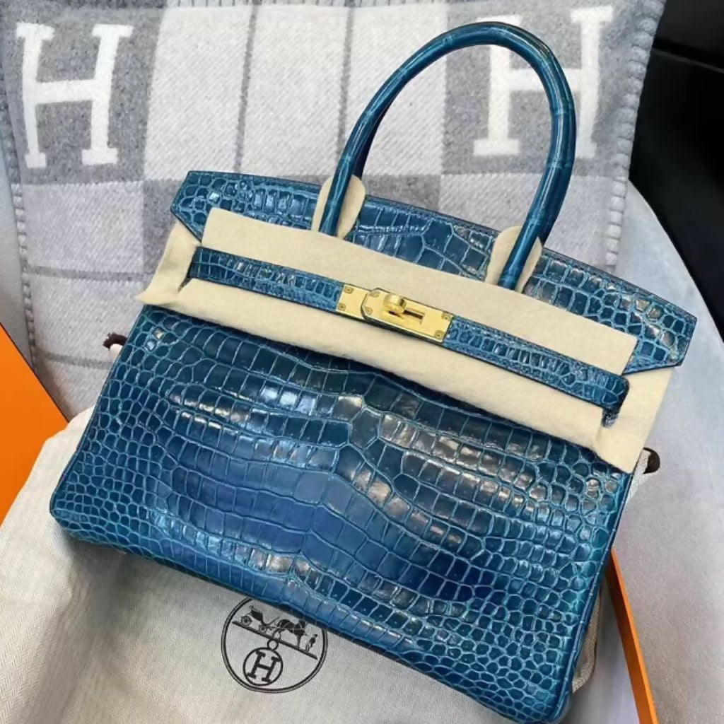 HERMES ゴールド クロコダイルバングル Hermès Birkin 30 Blue Paon Shiny Crocodile, Gold Hardware