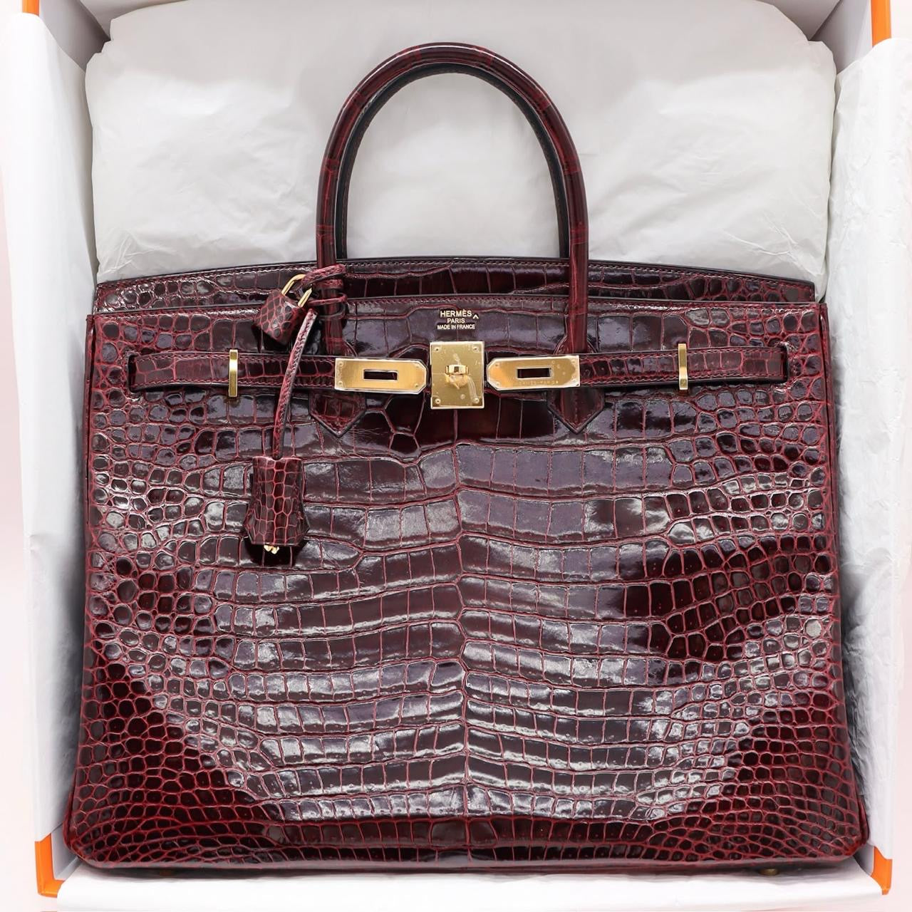 Hermes Birkin 40 Bordeaux shiny porosus crocodile leather gold hardware