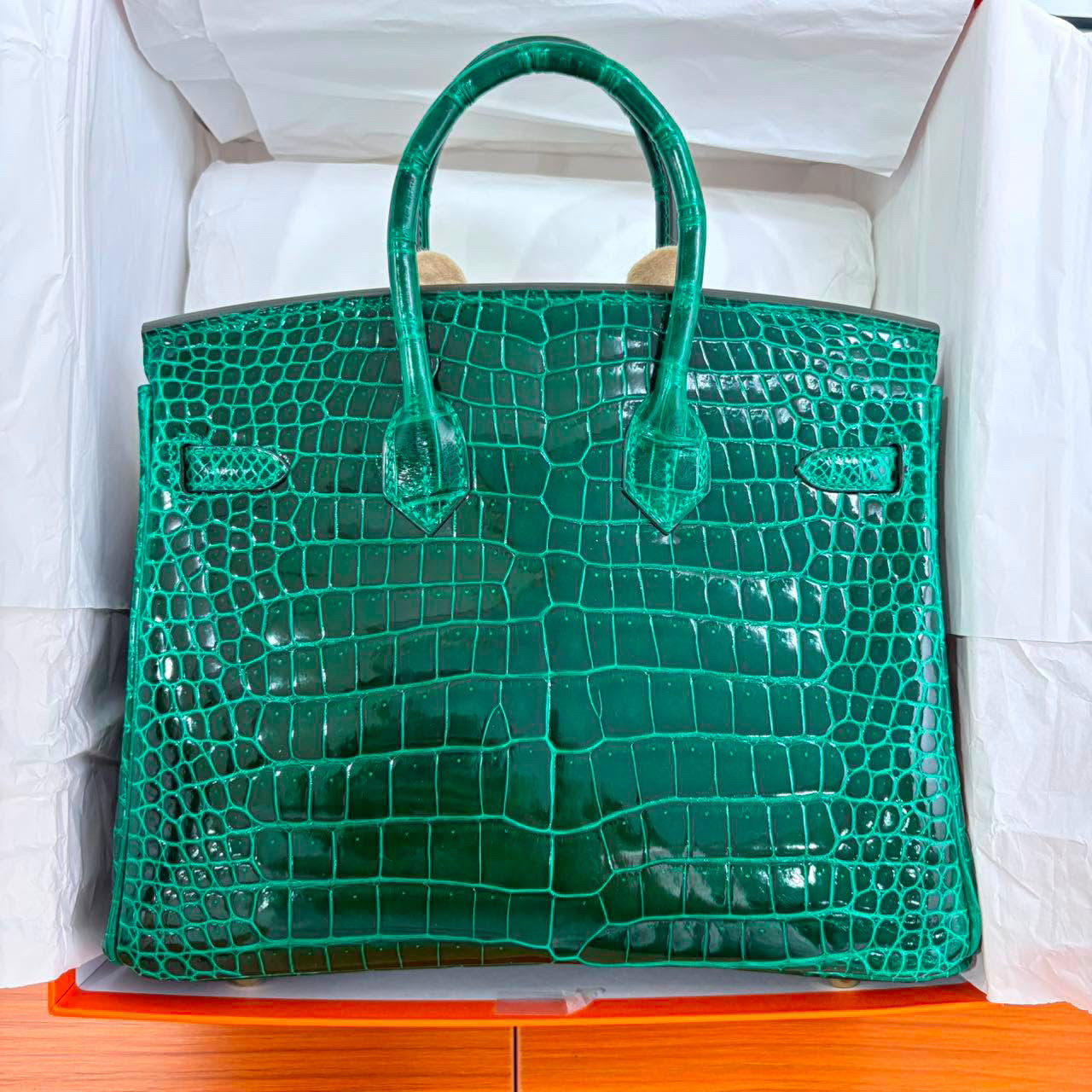 Hermes Birkin 25 Emerald Green Shiny porosus crocodile leather gold hardware