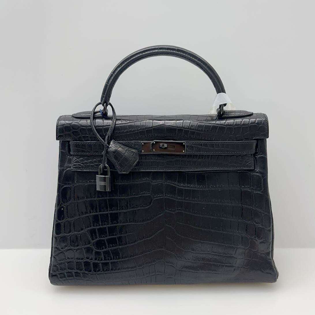 Hermes kelly 32 so black crocodile leather