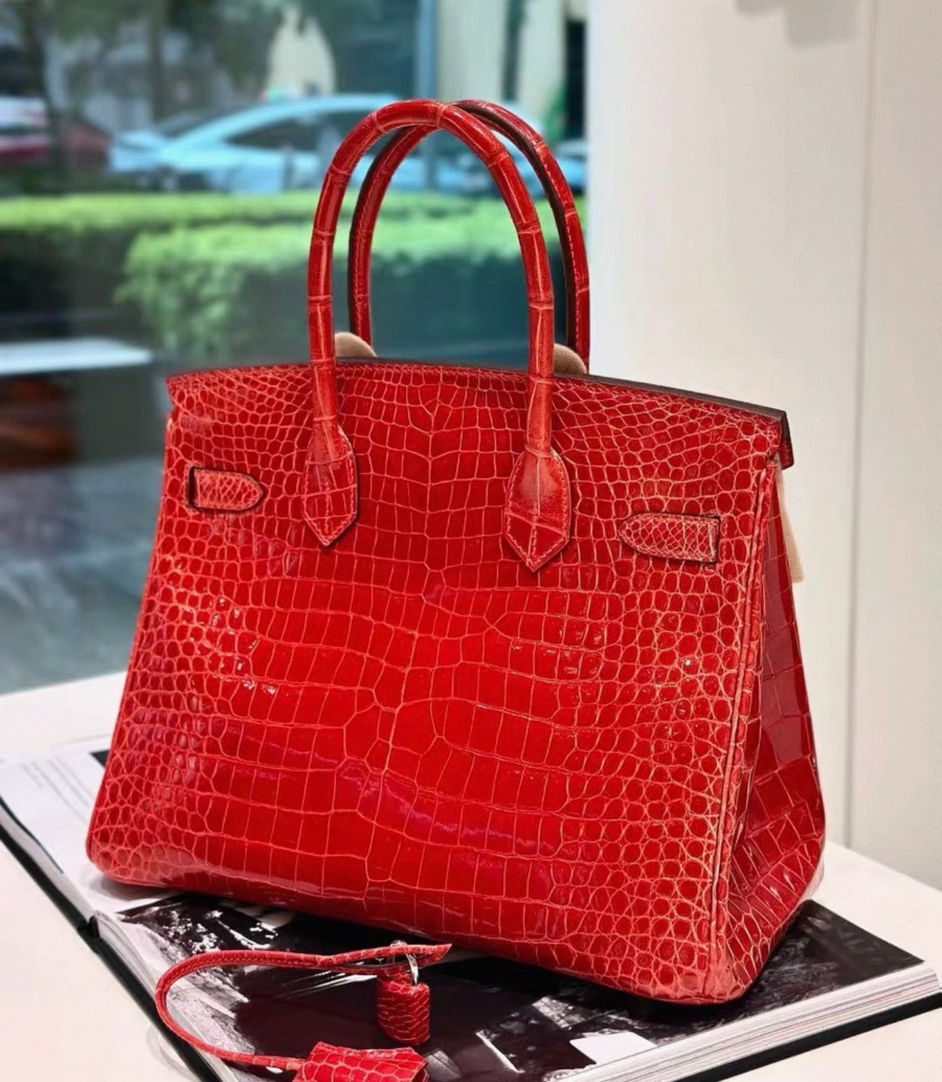 Hermes Birkin 30 Red Shiny crocodile leather Palladium hardware