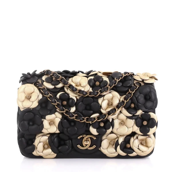 Chanel 2019 Metallic Gold & Black Lambskin Camellia Appliqué