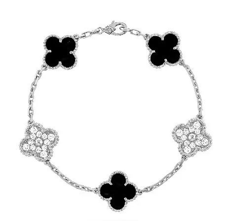 Van Cleef & Arpels Vintage Alhambra bracelet, 5 motifs 18K white gold, Diamond, Onyx