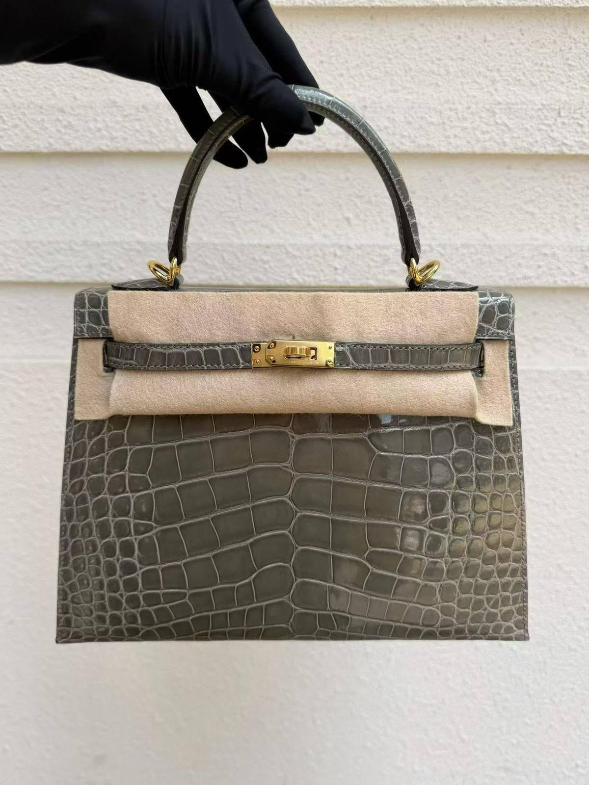 Hermes Kelly 25 Gris Ciment Shiny Alligator Gold hardware