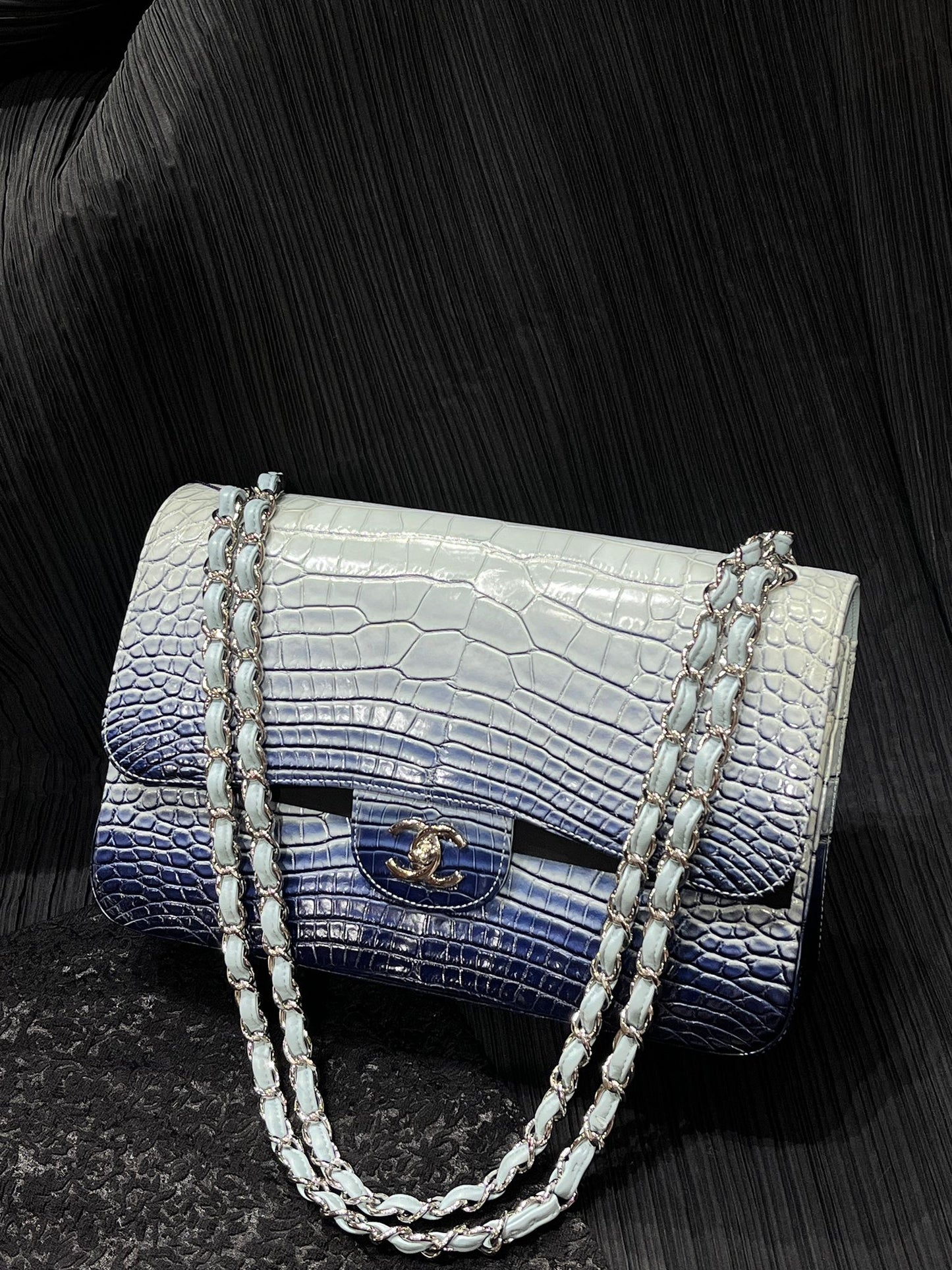 Chanel Light Blue Matte Crocodile Leather Maxi Flap Silver hardware