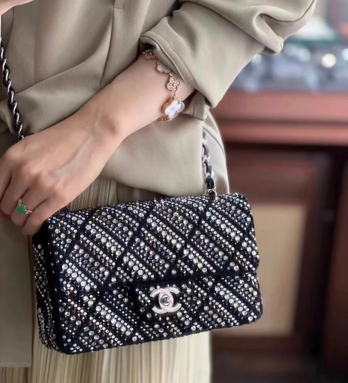 CHANEL 22A tweed, diamantés & silver metal black classic handbag