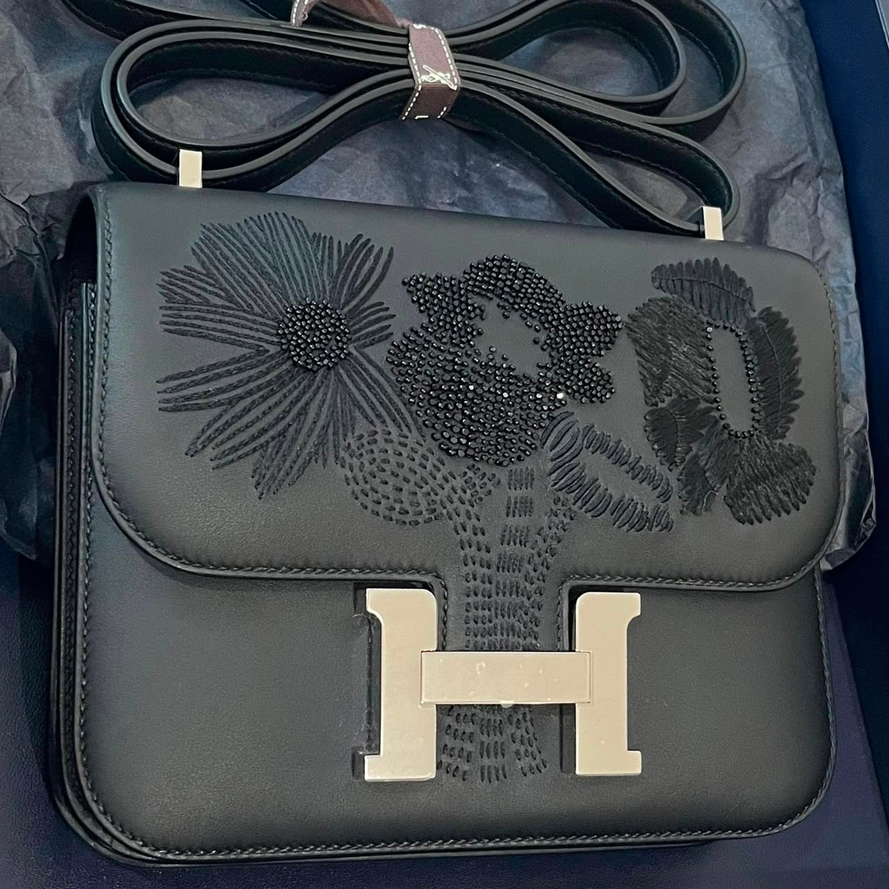 Hermes Constance 18 Dancing Flower Black Embroidered Swift Palladium Hardware