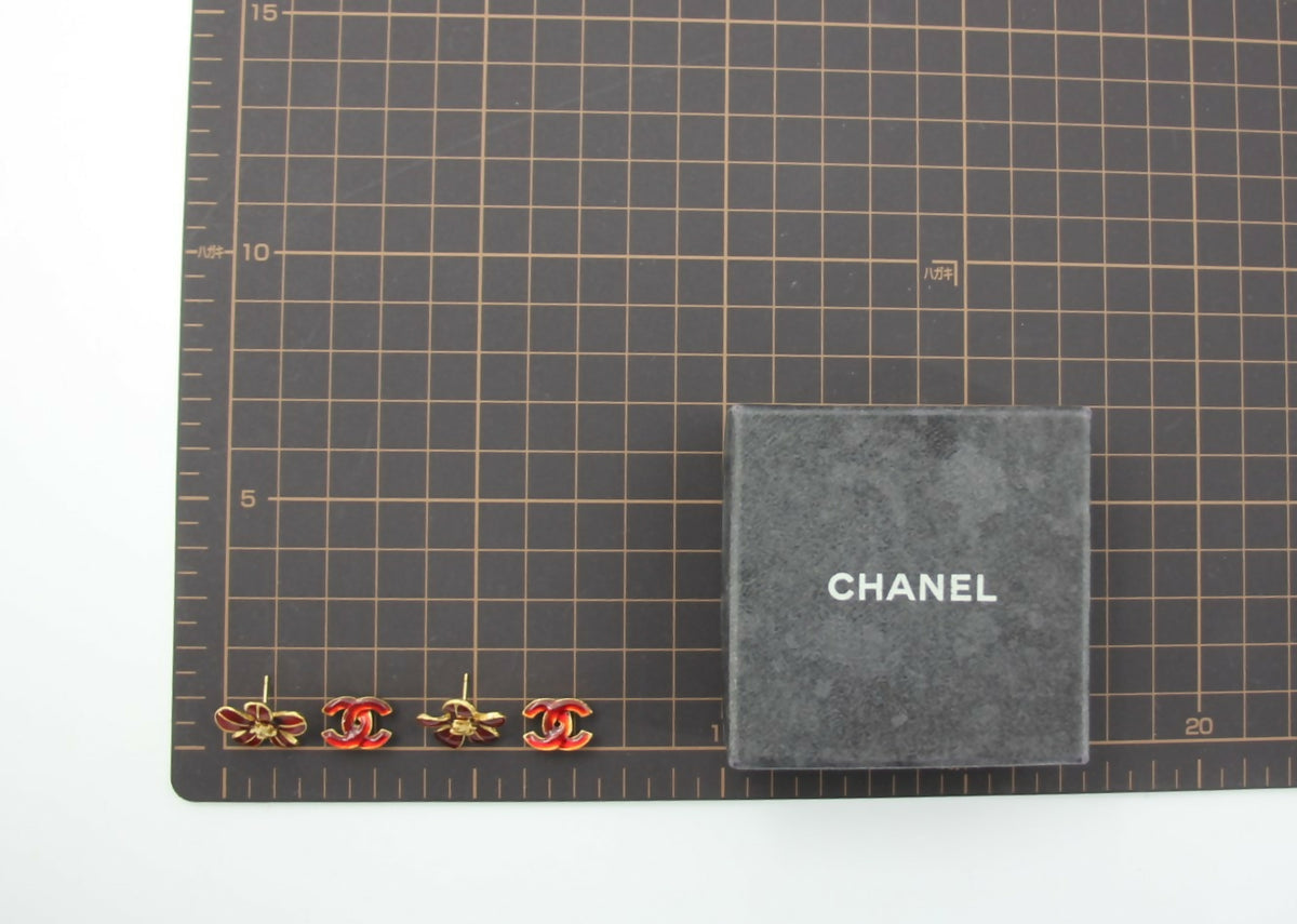 Chanel Vintage 03P Enamel Gold and Red Floral Stacked Stud Earrings