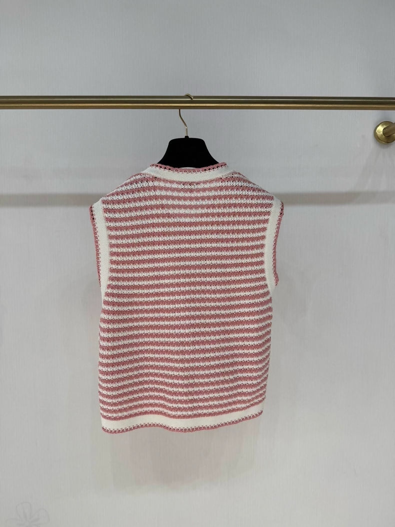 Chanel 22P Pink and White Striped Knit Cardigan
