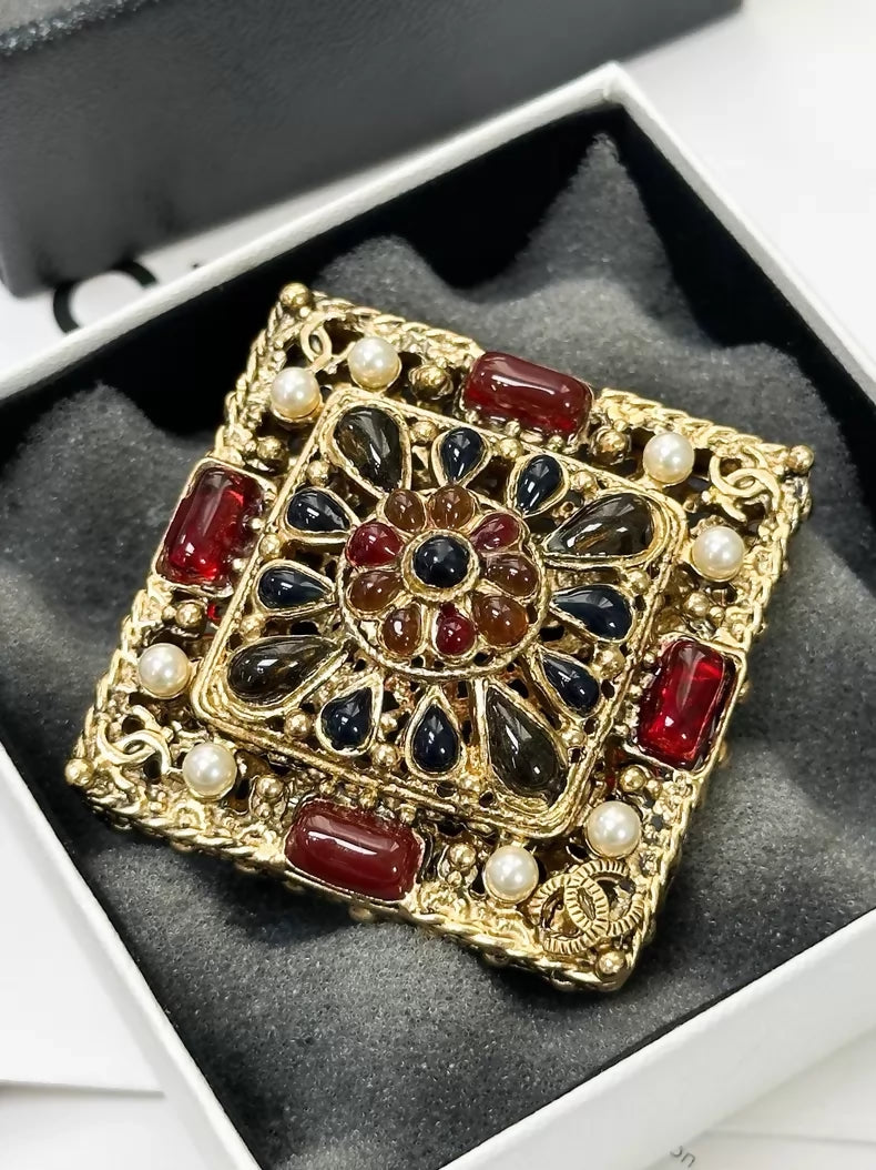 Chanel Byzantine gold square glass brooch
