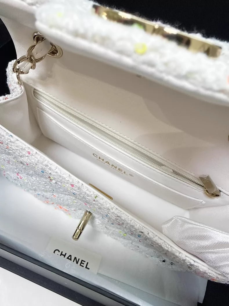 Chanel 24C white sequined tweed Min Flap CF chain bag