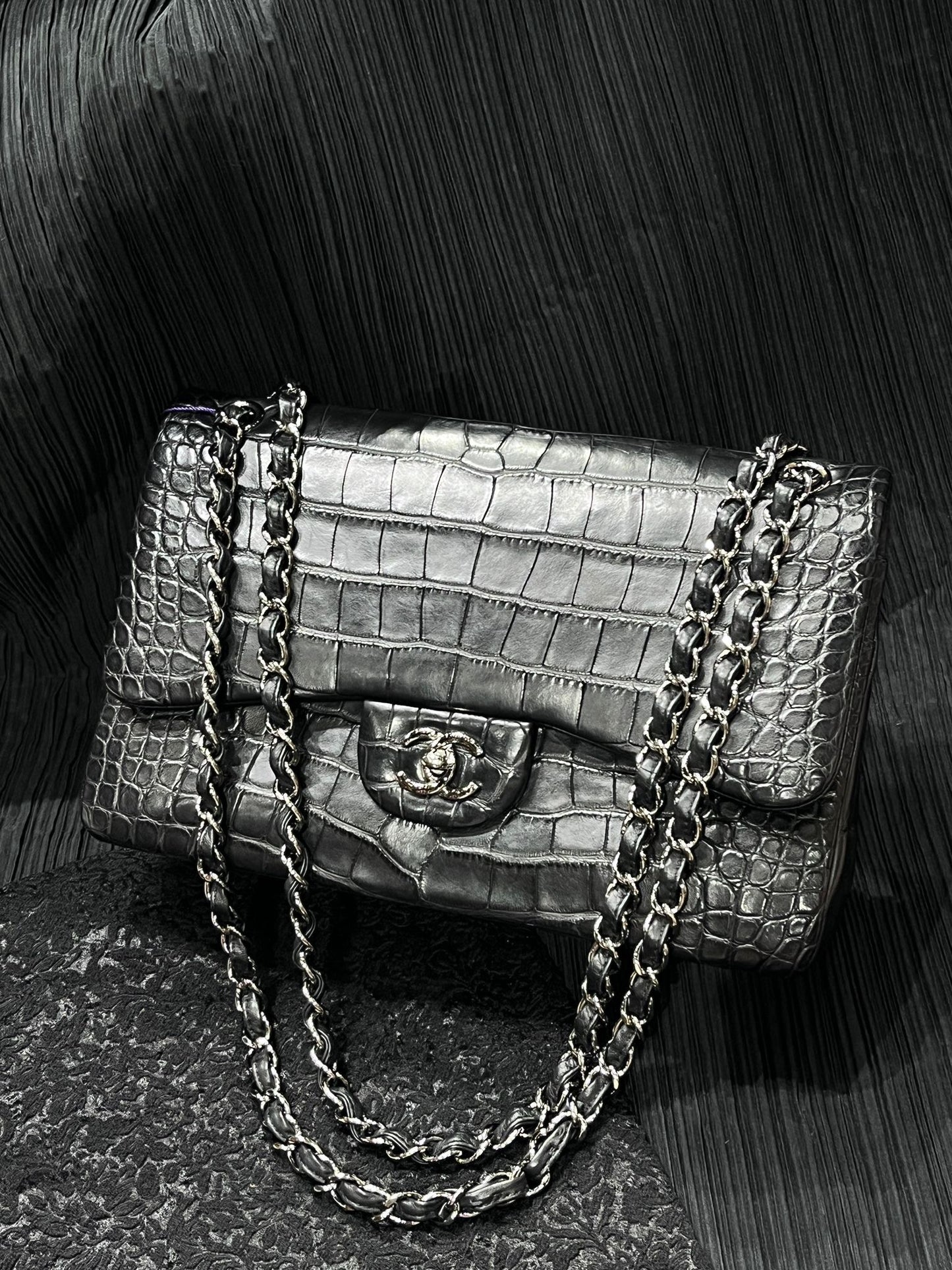 Chanel Black Matte Crocodile Leather Maxi Flap Silver hardware
