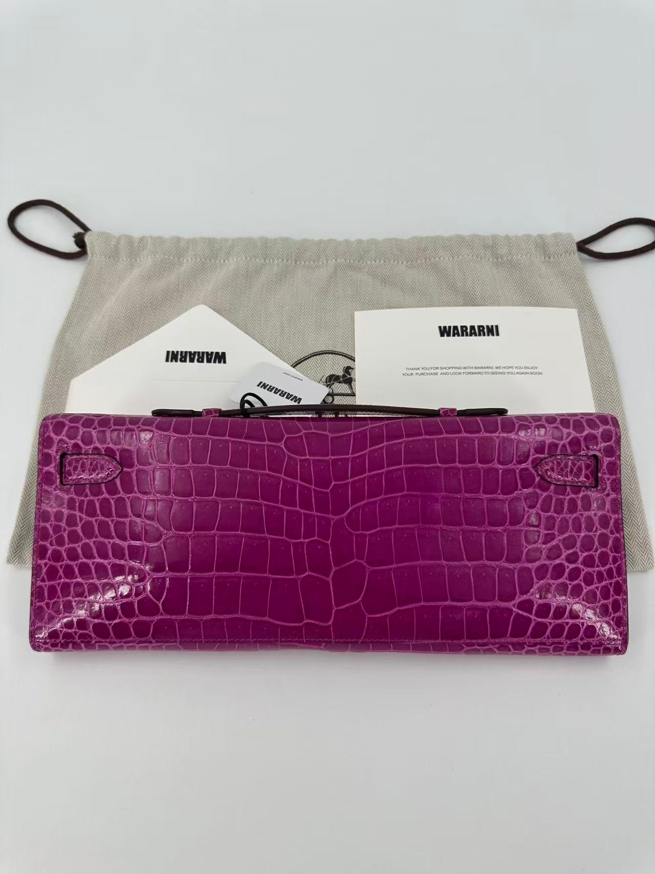 Hermes Kelly cut Rose Scheherazade Shiny croc Niloticus Gold hardware