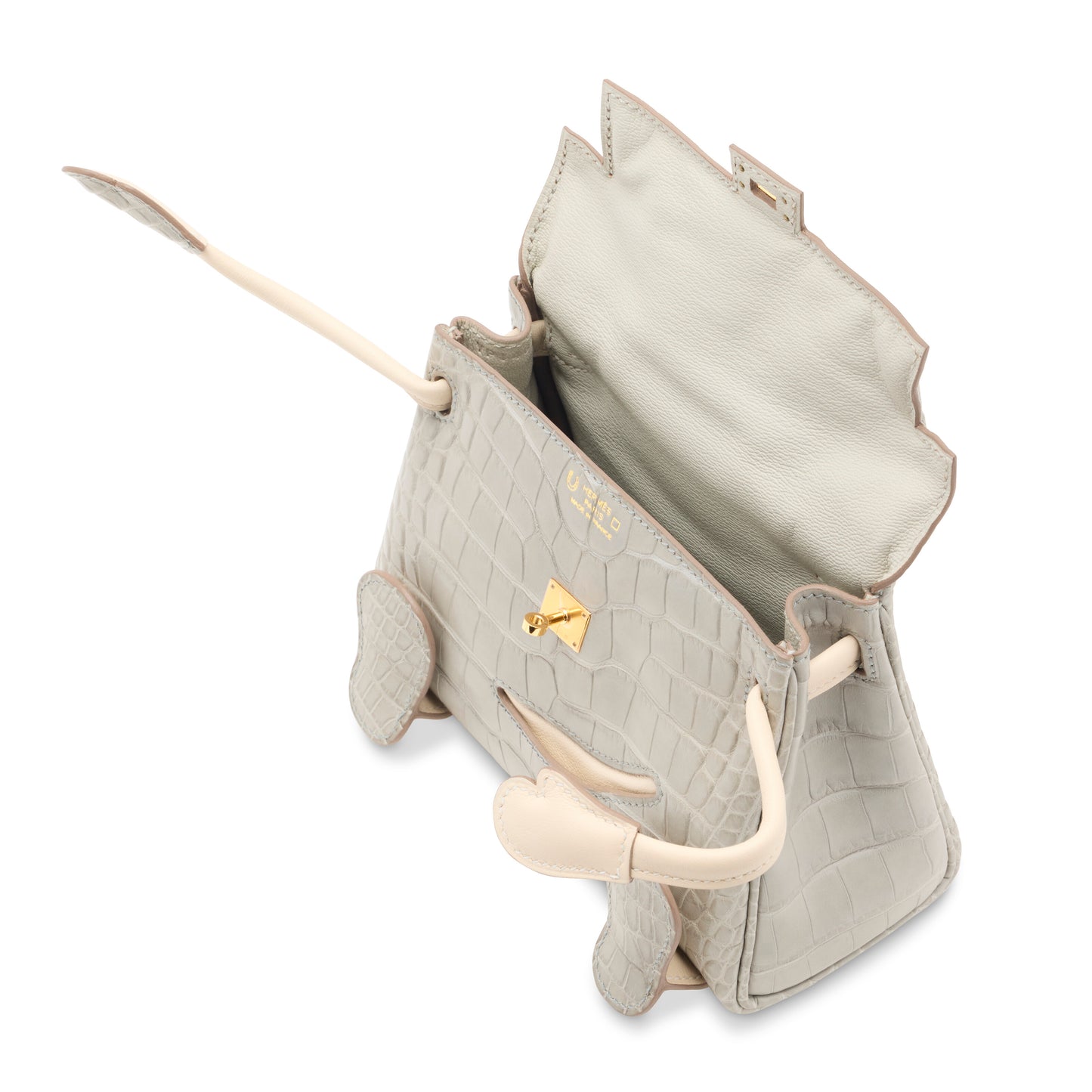 Hermes Kelly Doll Quelle Idole Gris Perle Matte Alligator & Craie Swift Leather with Gold Hardware