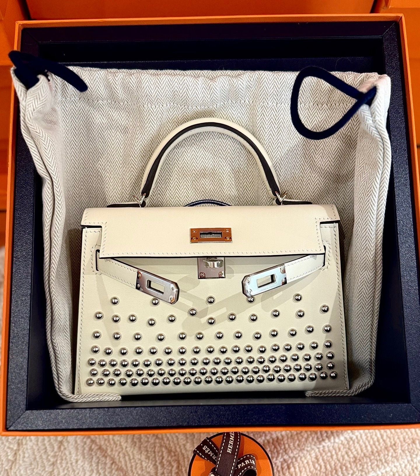 Hermès Mini Kelly 20 Clouté Cream white Nata Box Leather Palladium Hardware