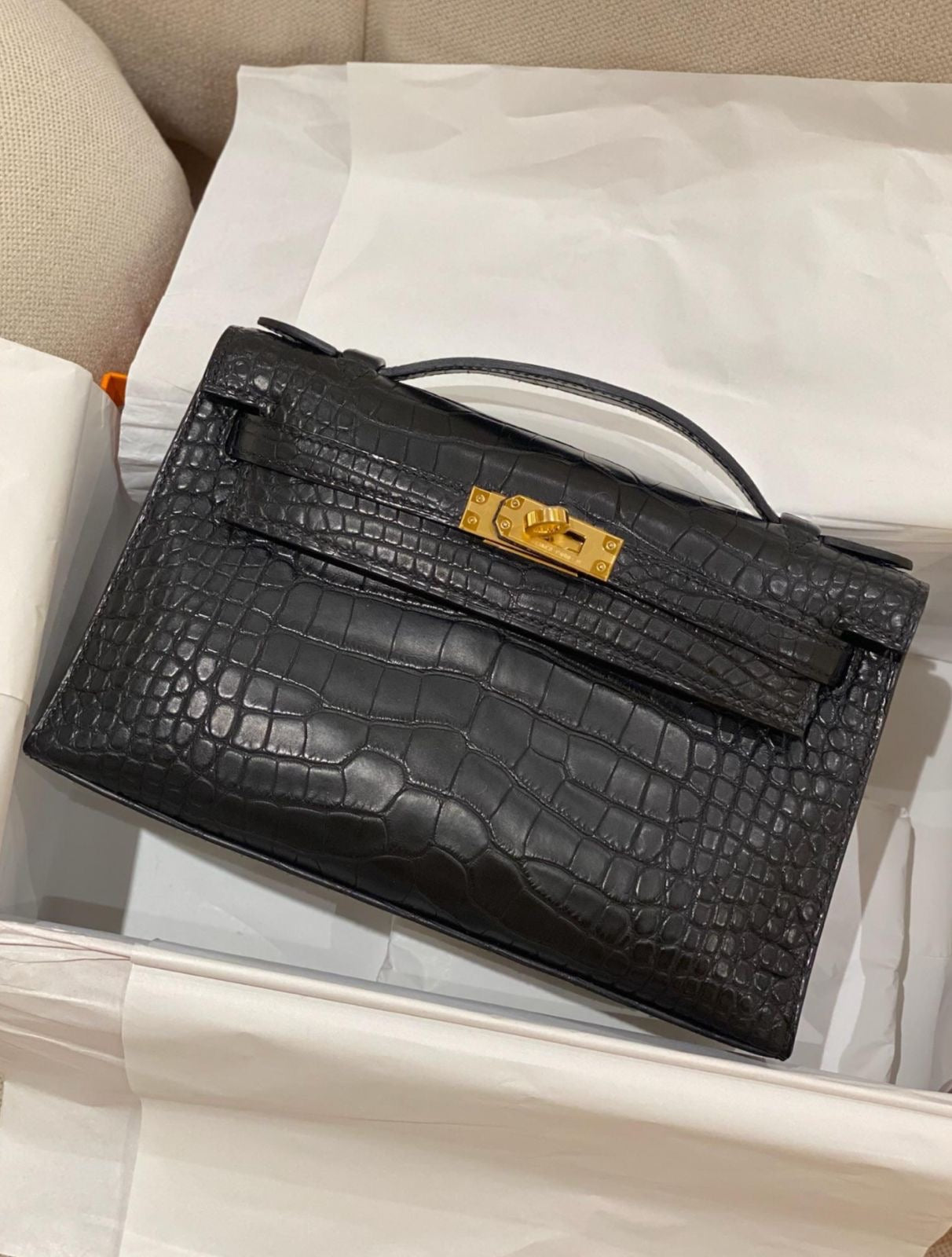 Hermes Kelly Pochette Black Matte Alligator Gold Hardware