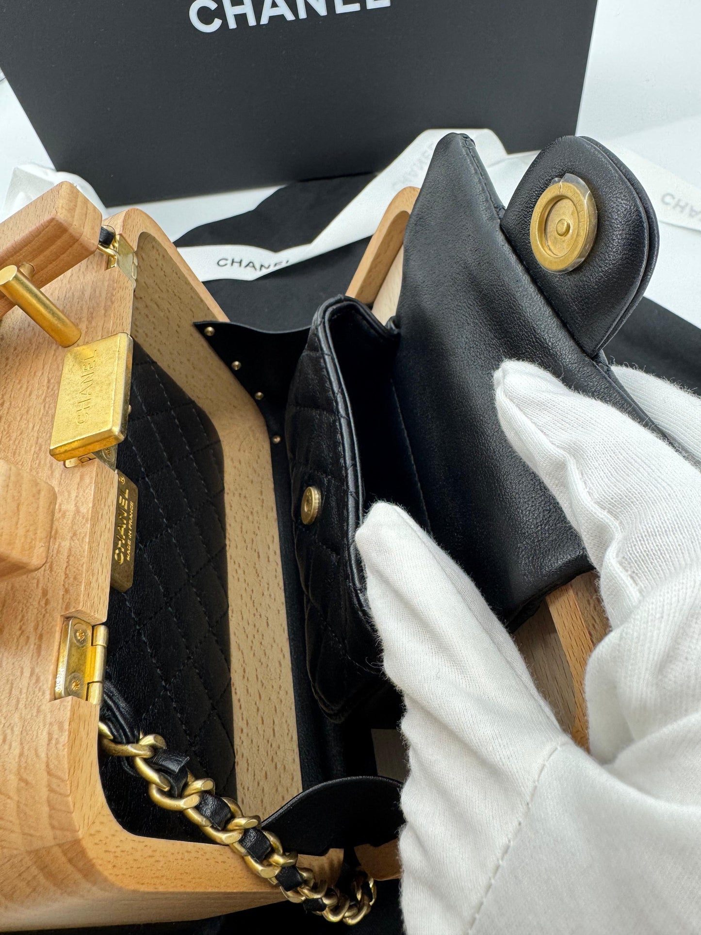 Chanel 2022 Beech Wood and Black Lambskin CC Vanity Case Brushed Gold Hardware