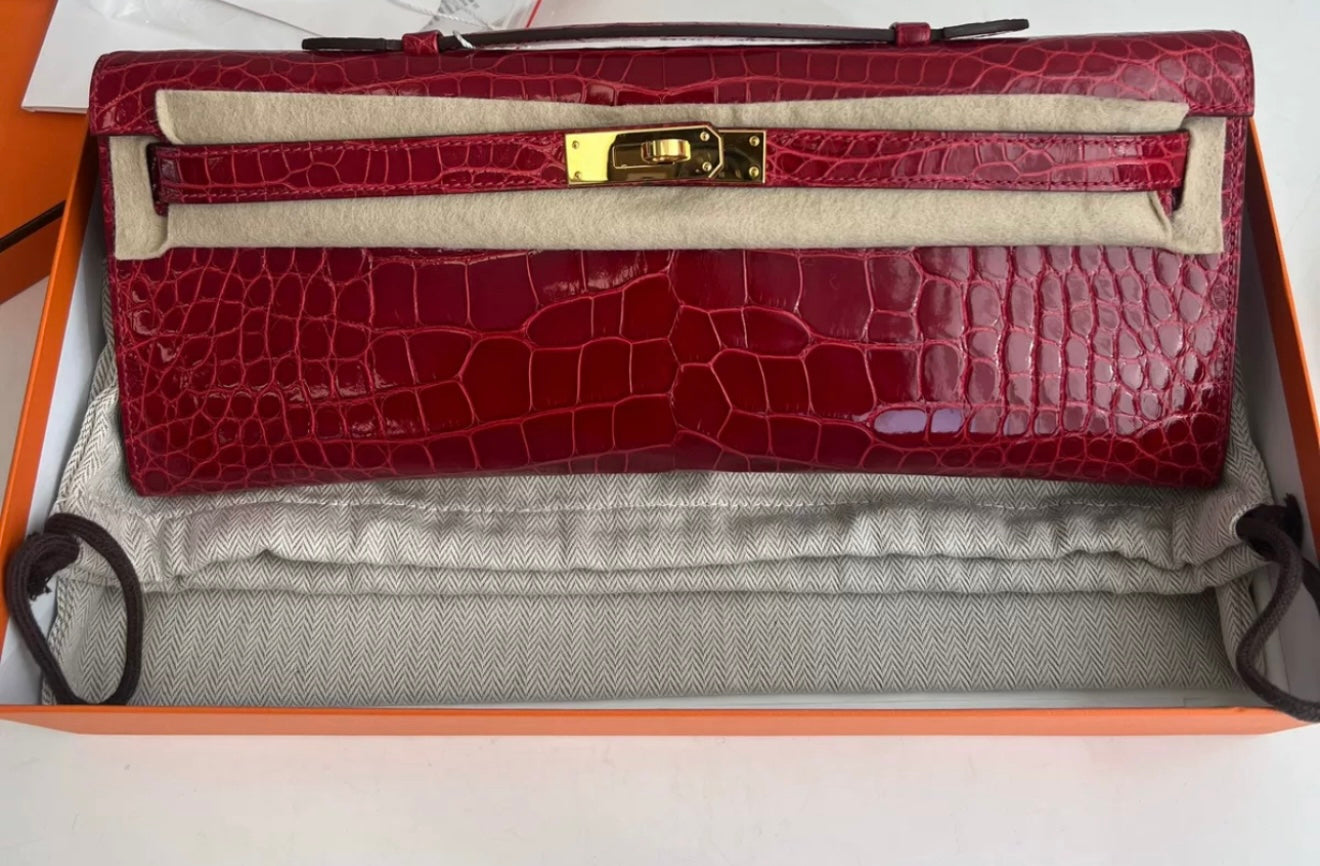 Hermes Kelly Cut Red Crocodile Leather Gold Hardware