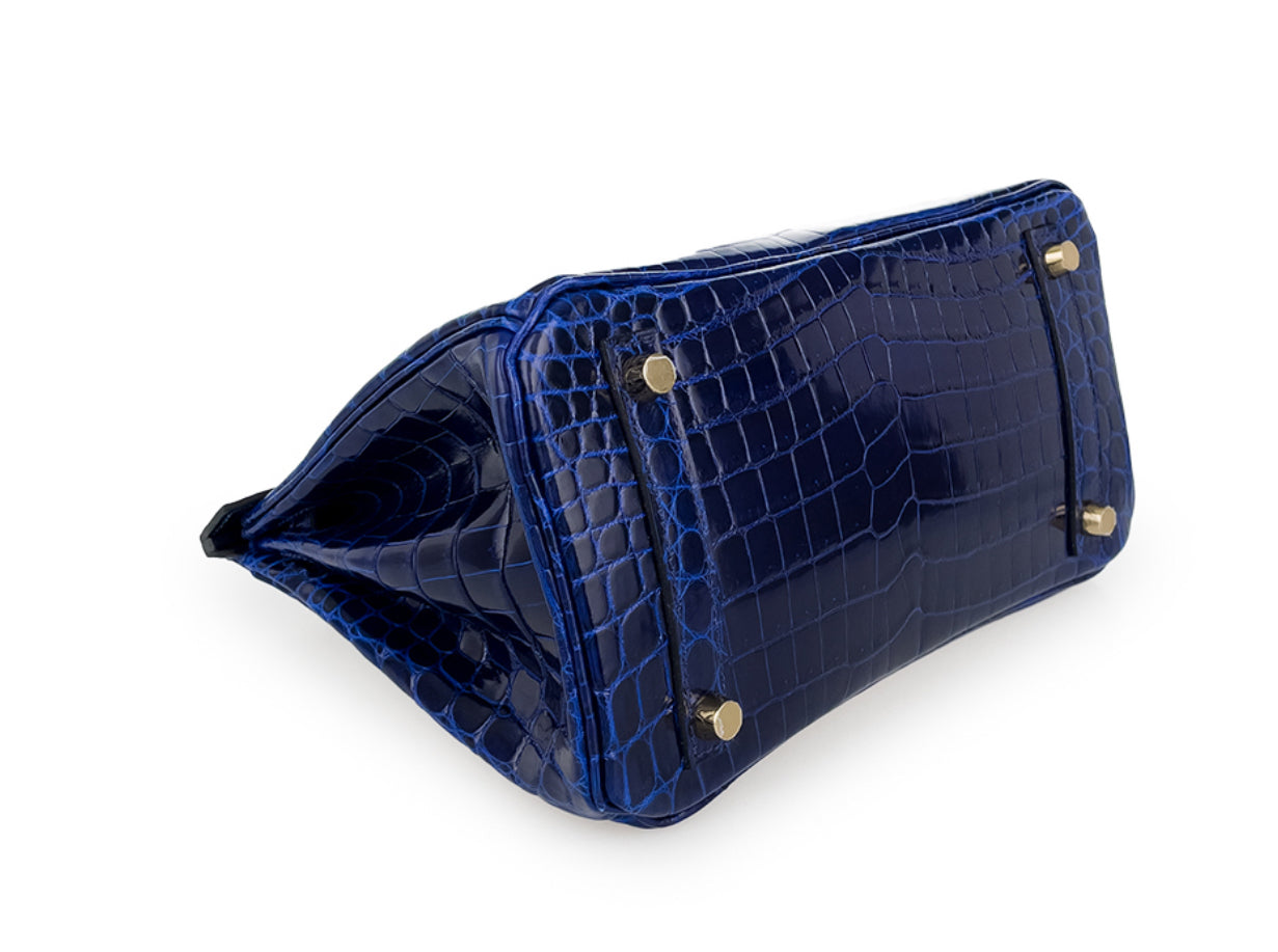 Hermes Birkin 25 Blue Sapphire Shiny Crocodile Leather Gold Hardware