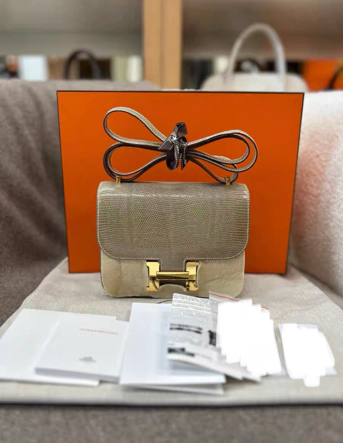 HERMES CONSTANCE 19 SHINY FICELLE NILOTICUS LIZARD WITH GOLD