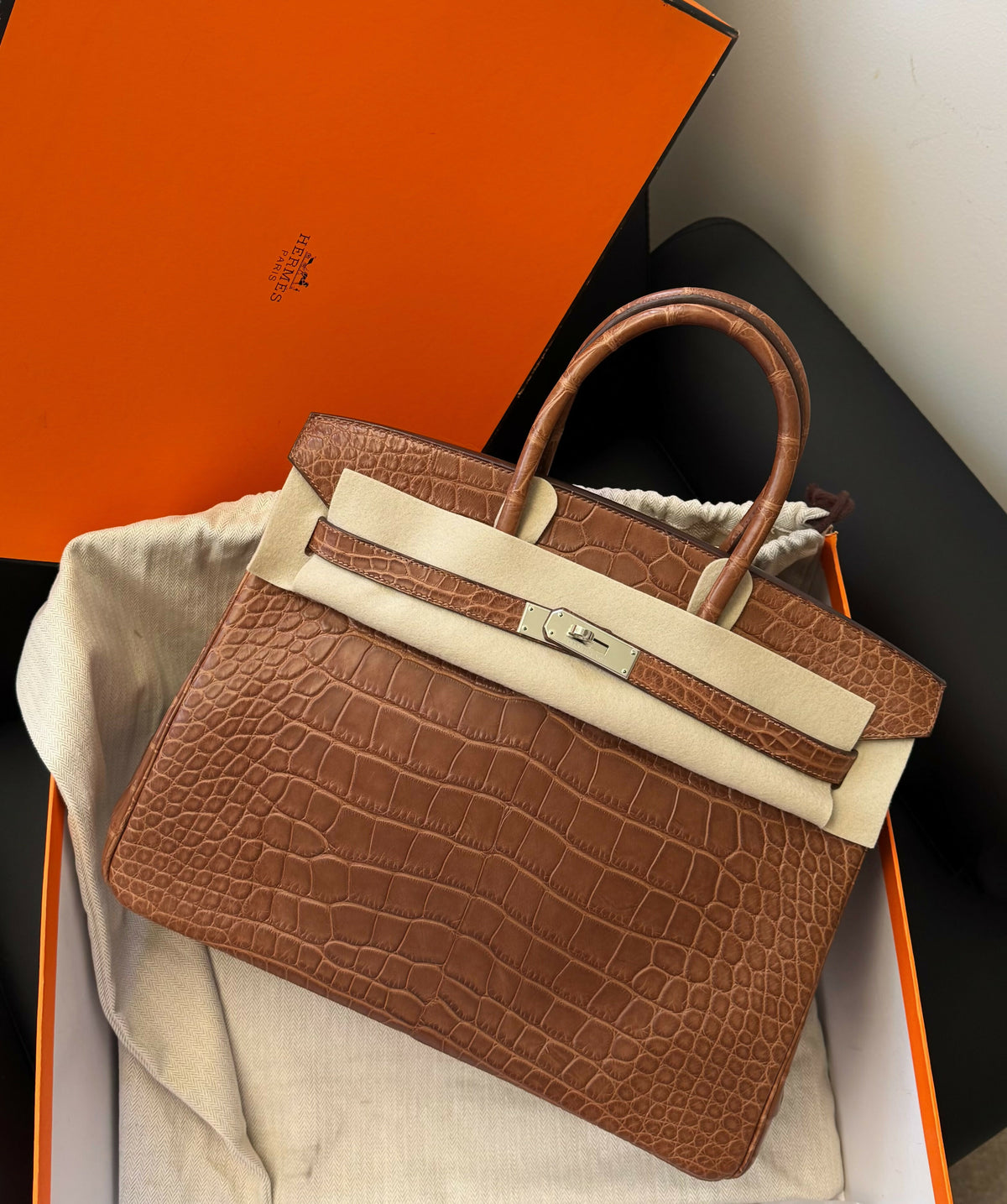 Hermès Birkin 35 Gold Matte Alligator (Square Symbol) with Palladium Hardware Square