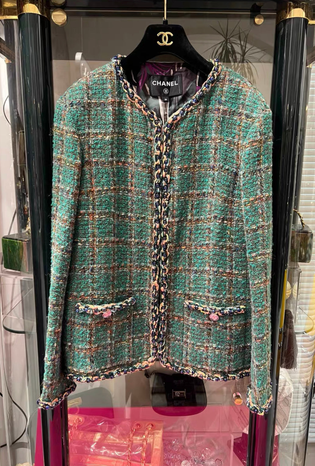 Chanel 23A Green, Orange & Blue Tweed Long Sleeve Jacket with