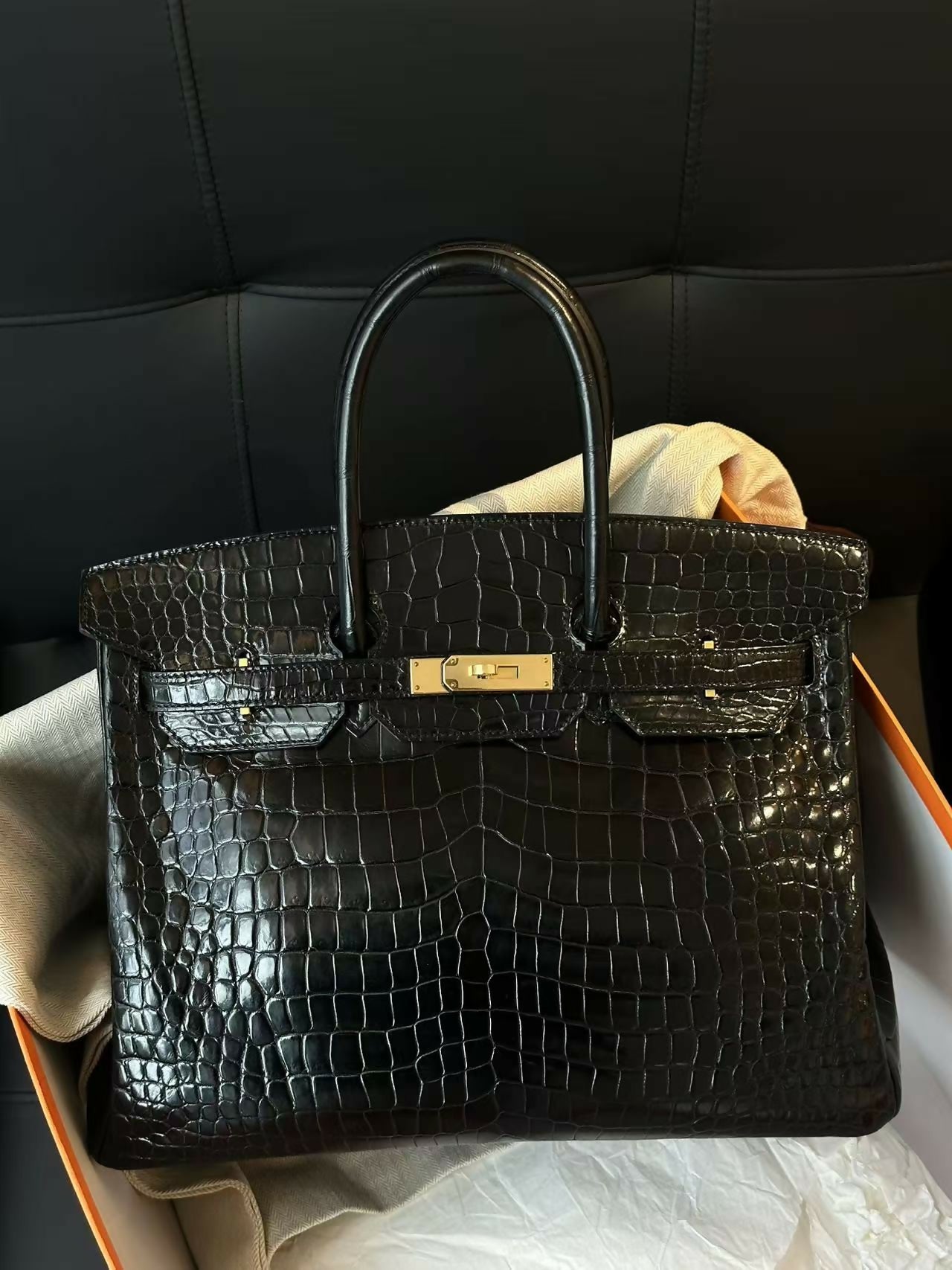 Hermès Birkin 35 Noir Shiny Porosus Crocodile with Gold Hardware