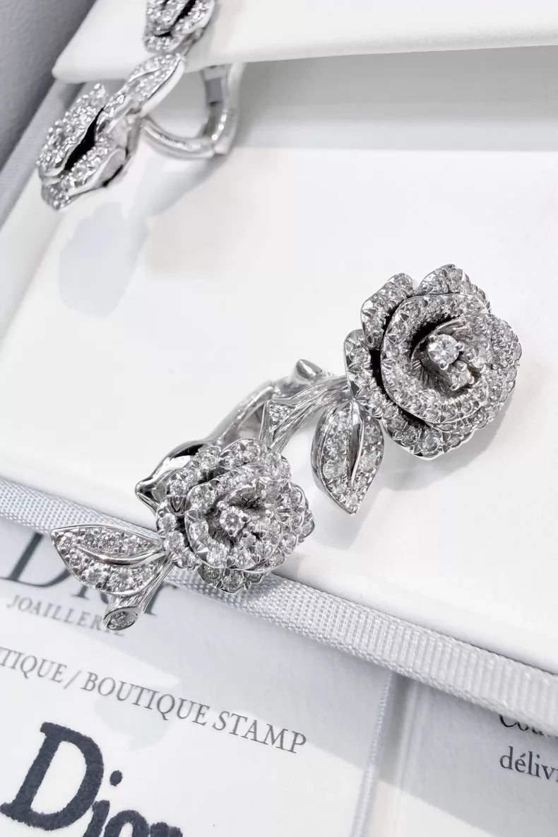 Dior Rose Bagatelle collection white gold full diamond rose earrings