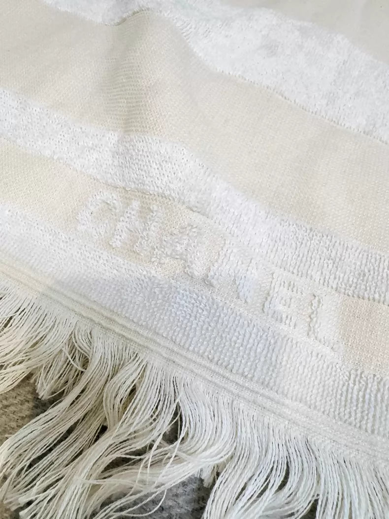 Chanel off-white striped fringed towel and beach bag set