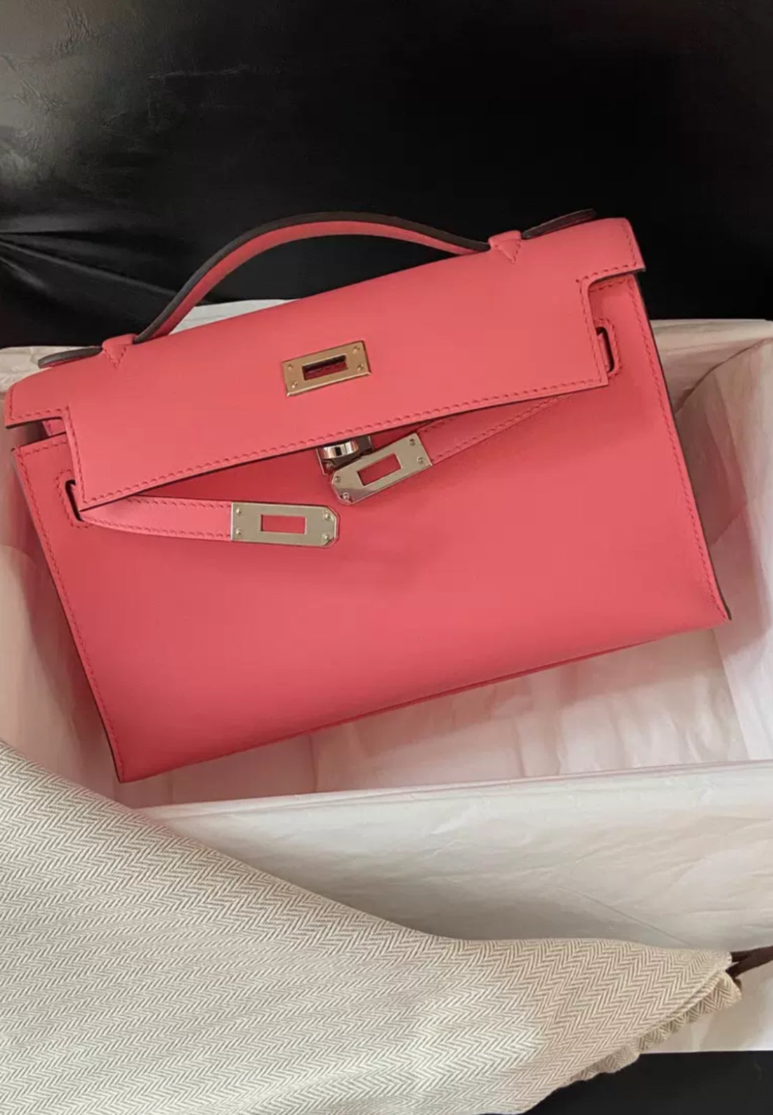 Hermès Kelly Pochette Rose Azalee Swift Leather Palladium Hardware