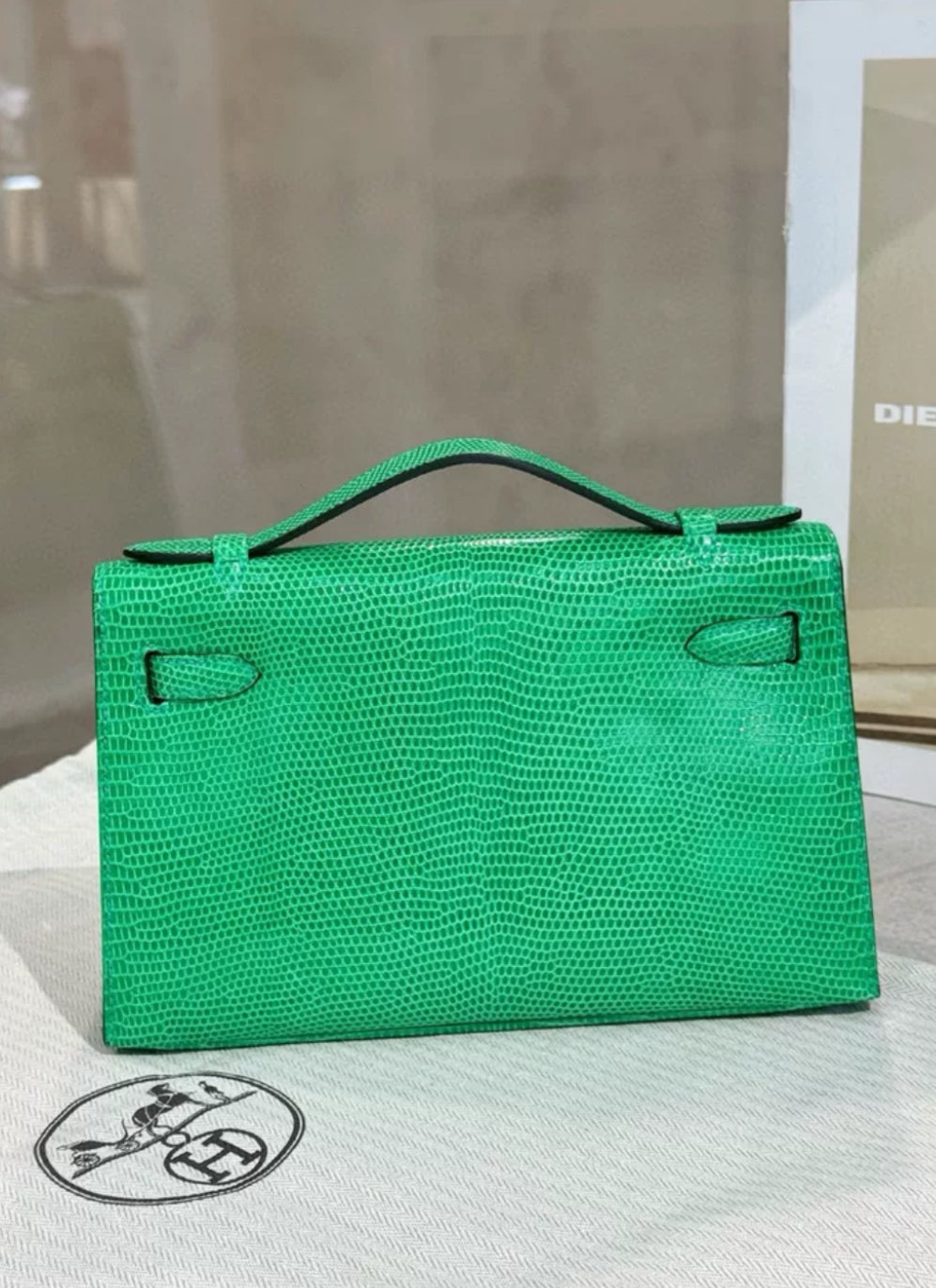 Hermès Kelly Pochette Vert Jade Lizard Gold Hardware